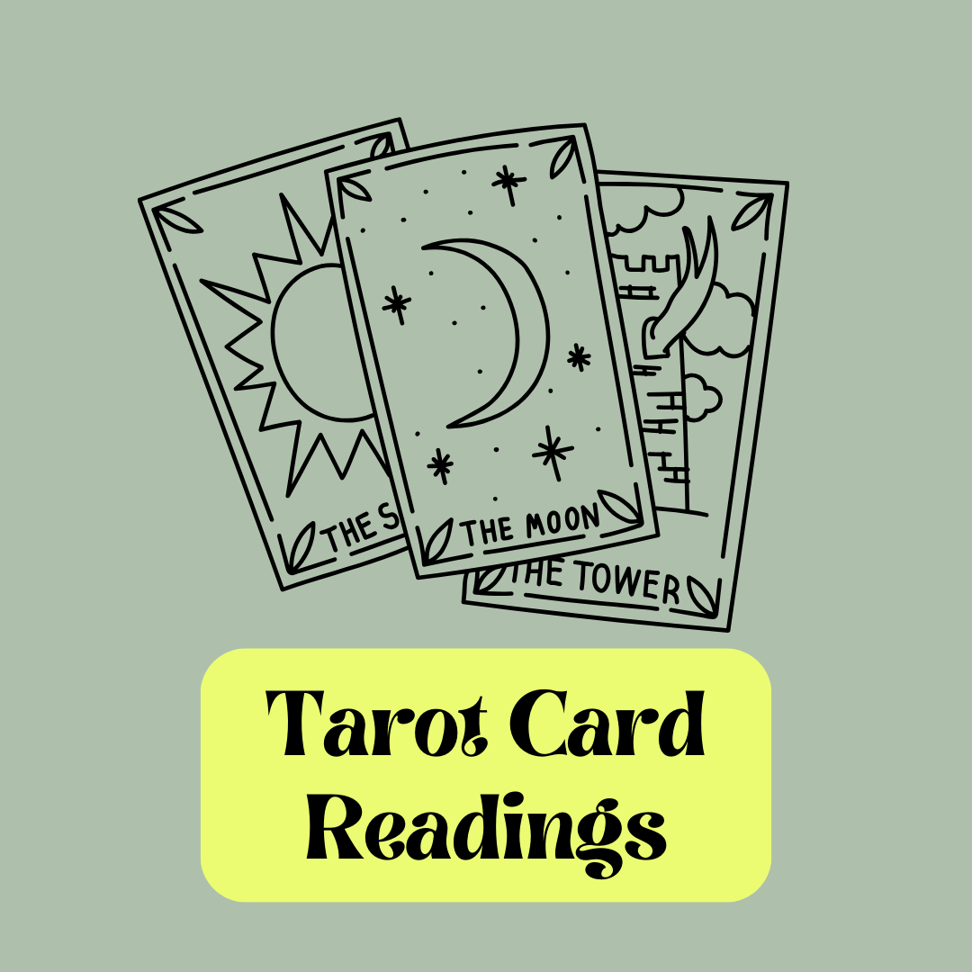 Illustration of three tarot cards, labeled 'The Sun,' 'The Moon,' and 'The Tower,' with the text 'Tarot Card Readings' below.