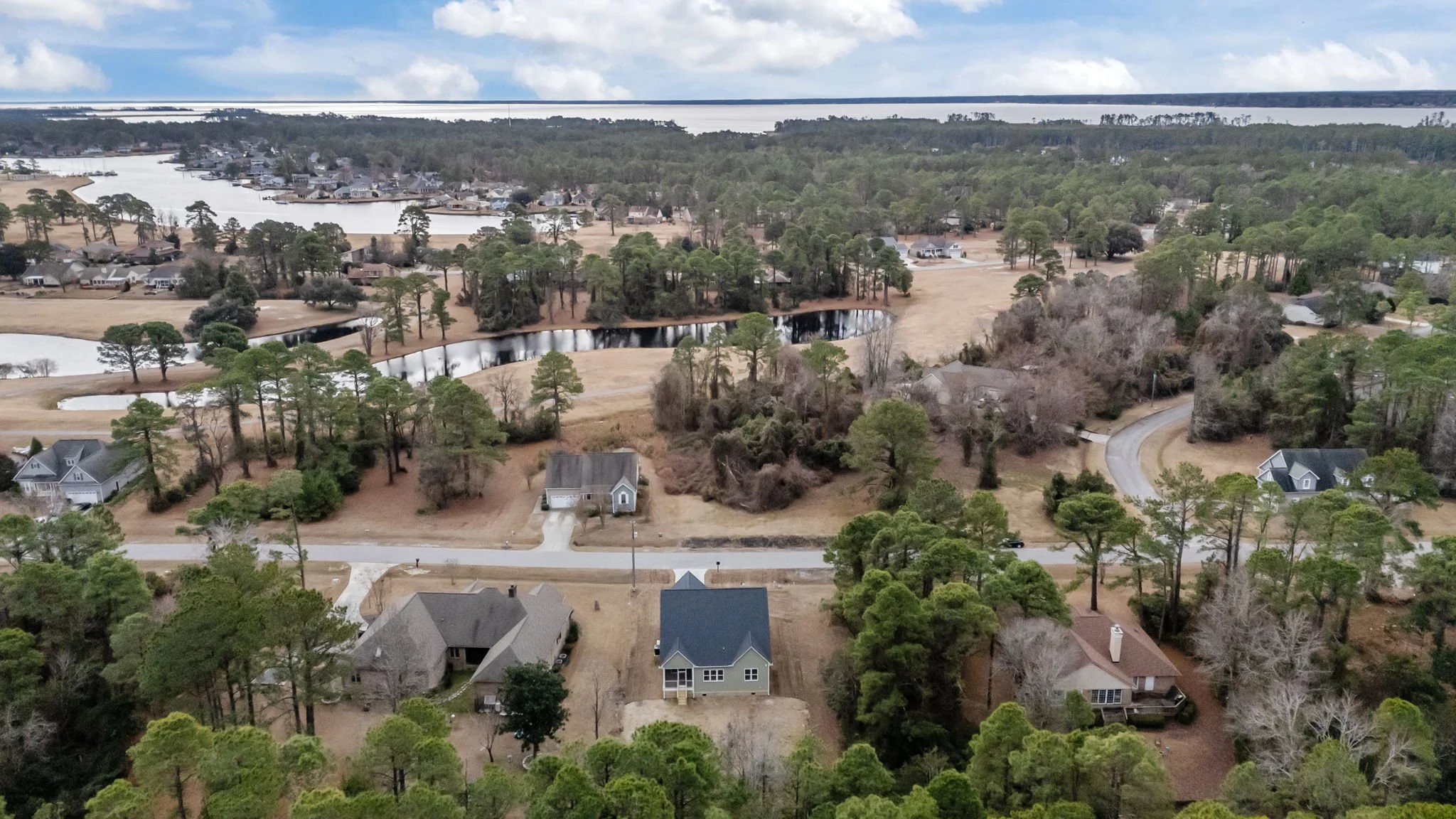 Aerial view of a suburban neighborhood with houses, trees, ponds, and a large body of water in the background.