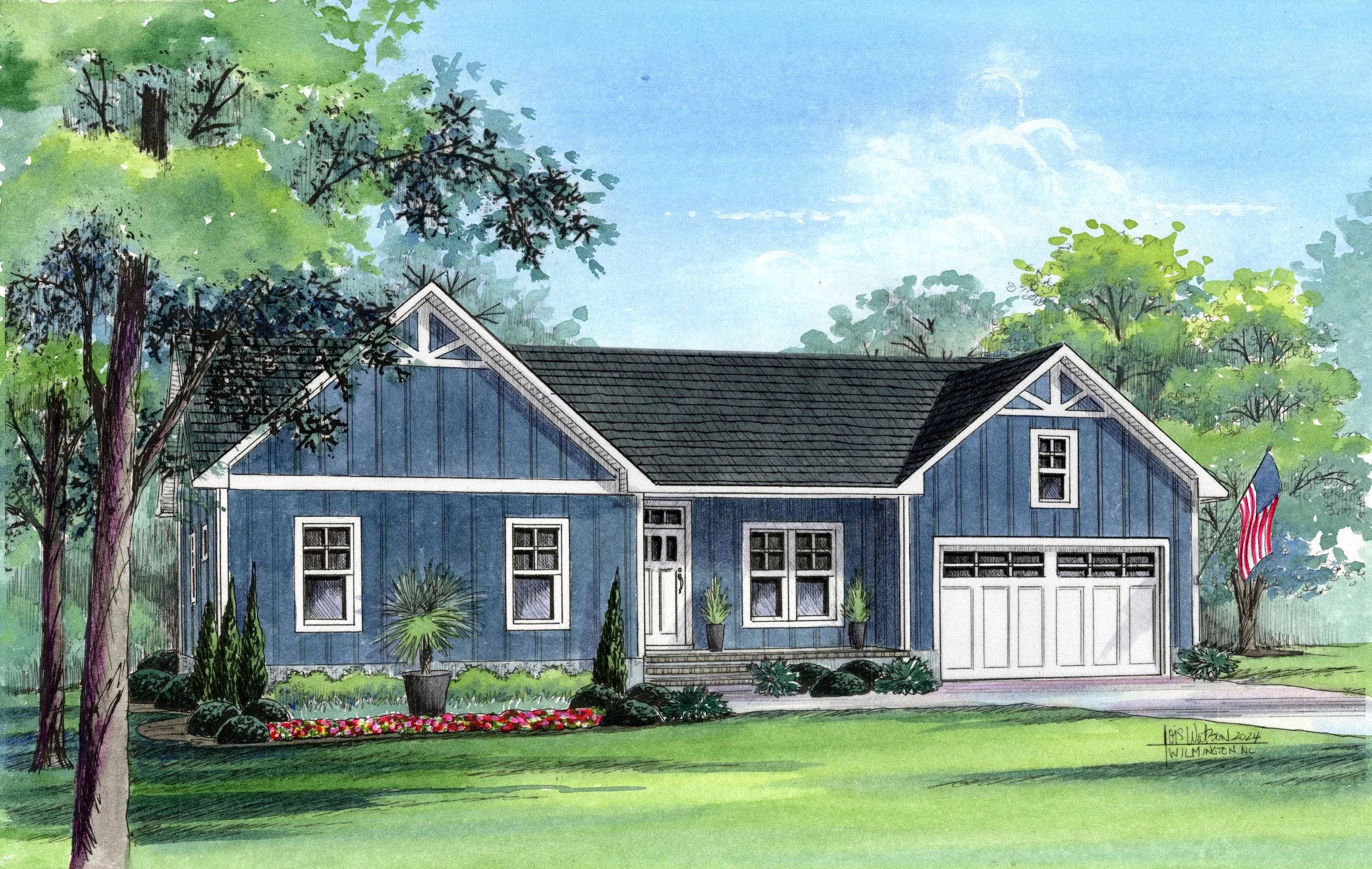 Colorful watercolor painting of a blue house with white trim, front porch, and attached garage, surrounded by trees and a well-manicured lawn with flower beds, under a partly cloudy sky.