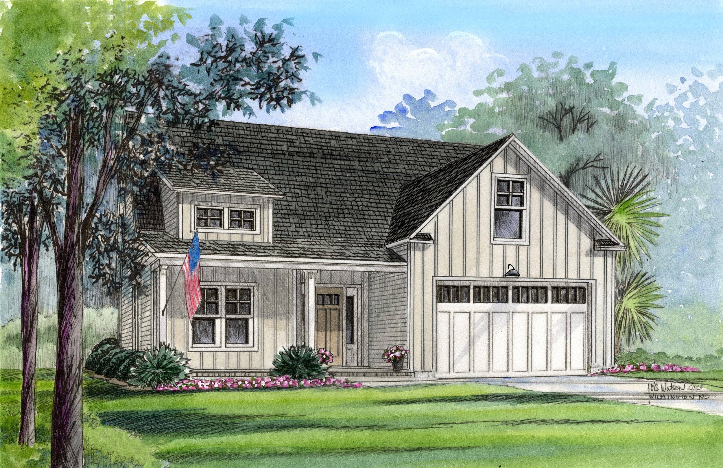 A watercolor illustration of a modern farmhouse with vertical siding, a large front porch, and a two-car garage. The house features multiple windows, some with small panes, and an American flag flying beside the porch. The yard is landscaped with shrubs, pink flowers, and large trees, against a partly cloudy sky.