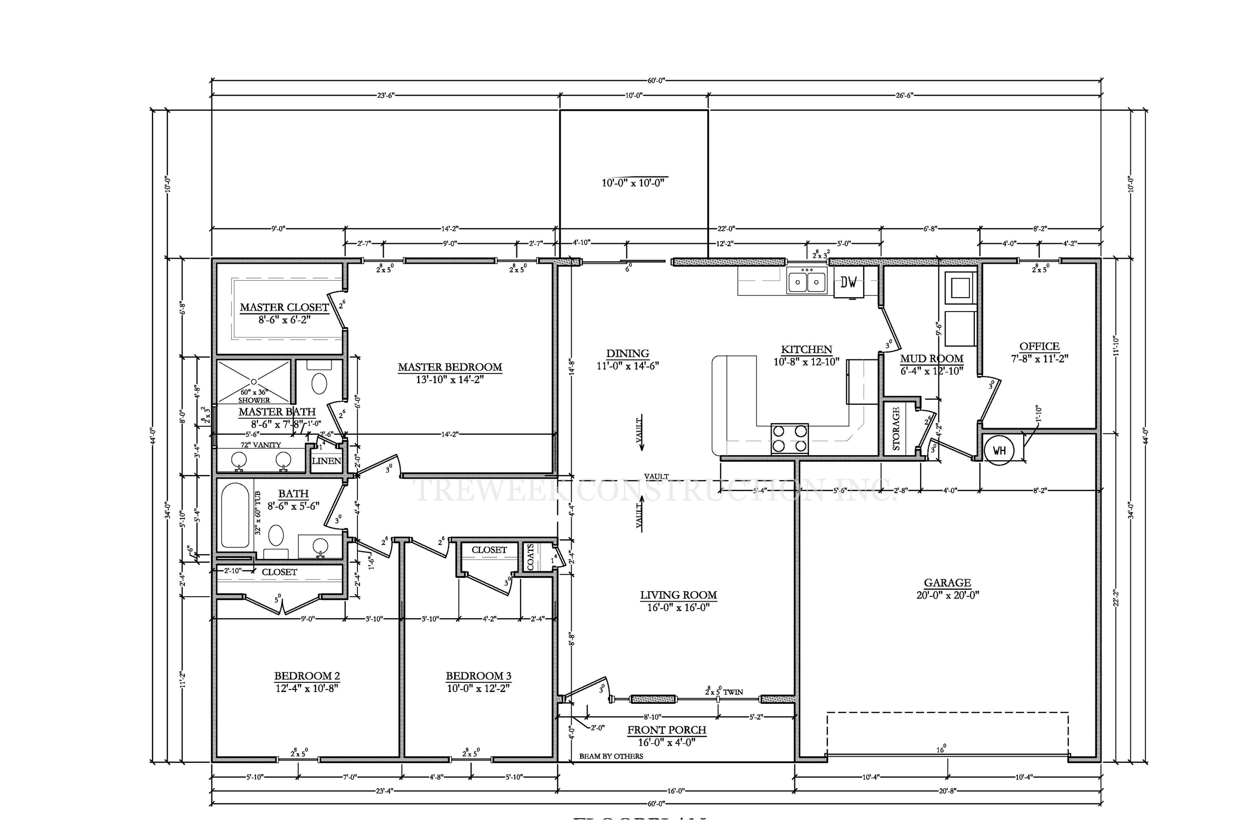 Floor plan of a house with labeled rooms including master bedroom, bedrooms 2 and 3, living room, kitchen, dining room, office, bathrooms, garage, and front porch, with detailed measurements.