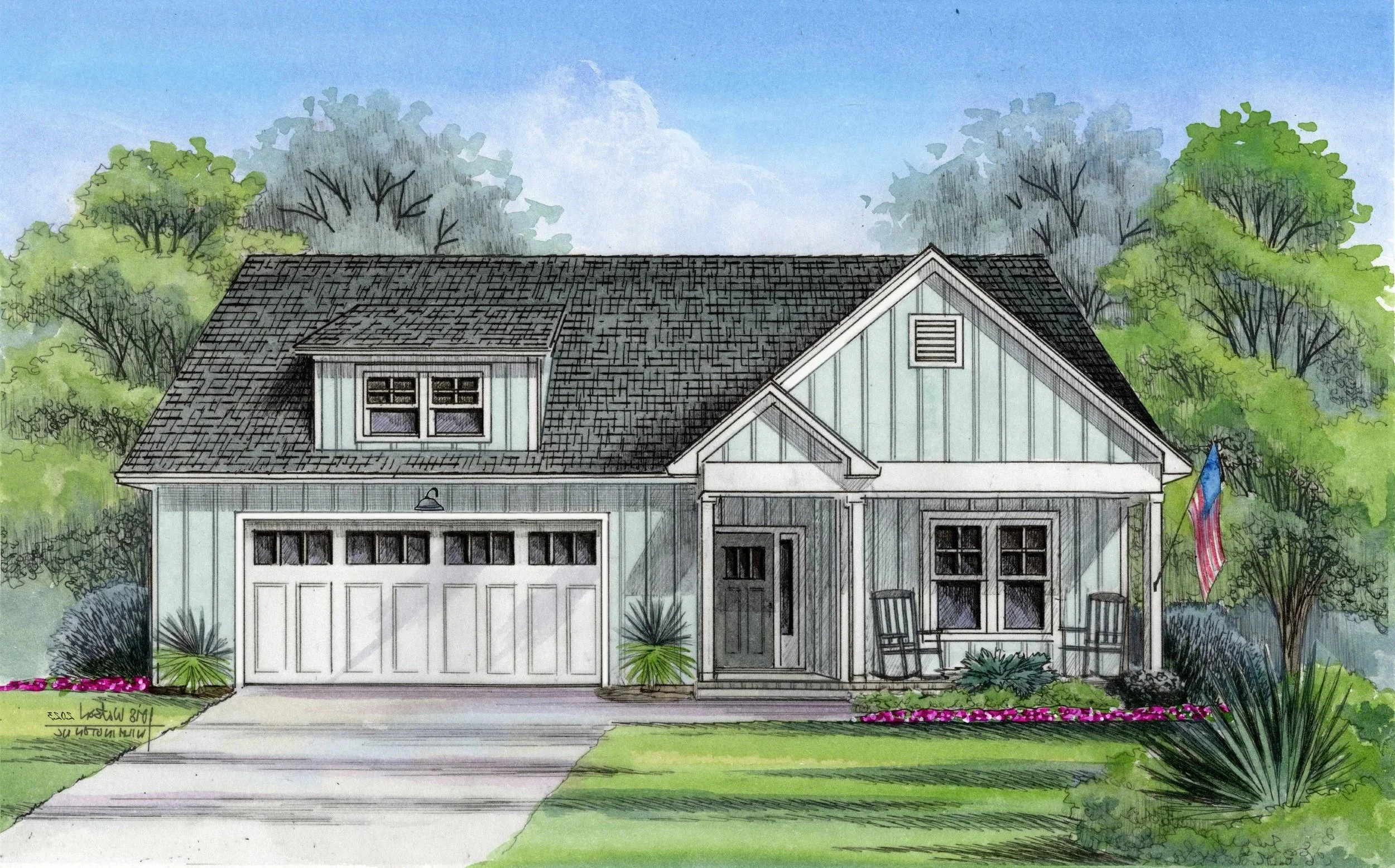 A watercolor illustration of a modern lavender-colored house with a gray shingle roof, a white garage door, a front porch with two chairs, and an American flag. The house is surrounded by green trees and bushes, with a lawn and flower beds.