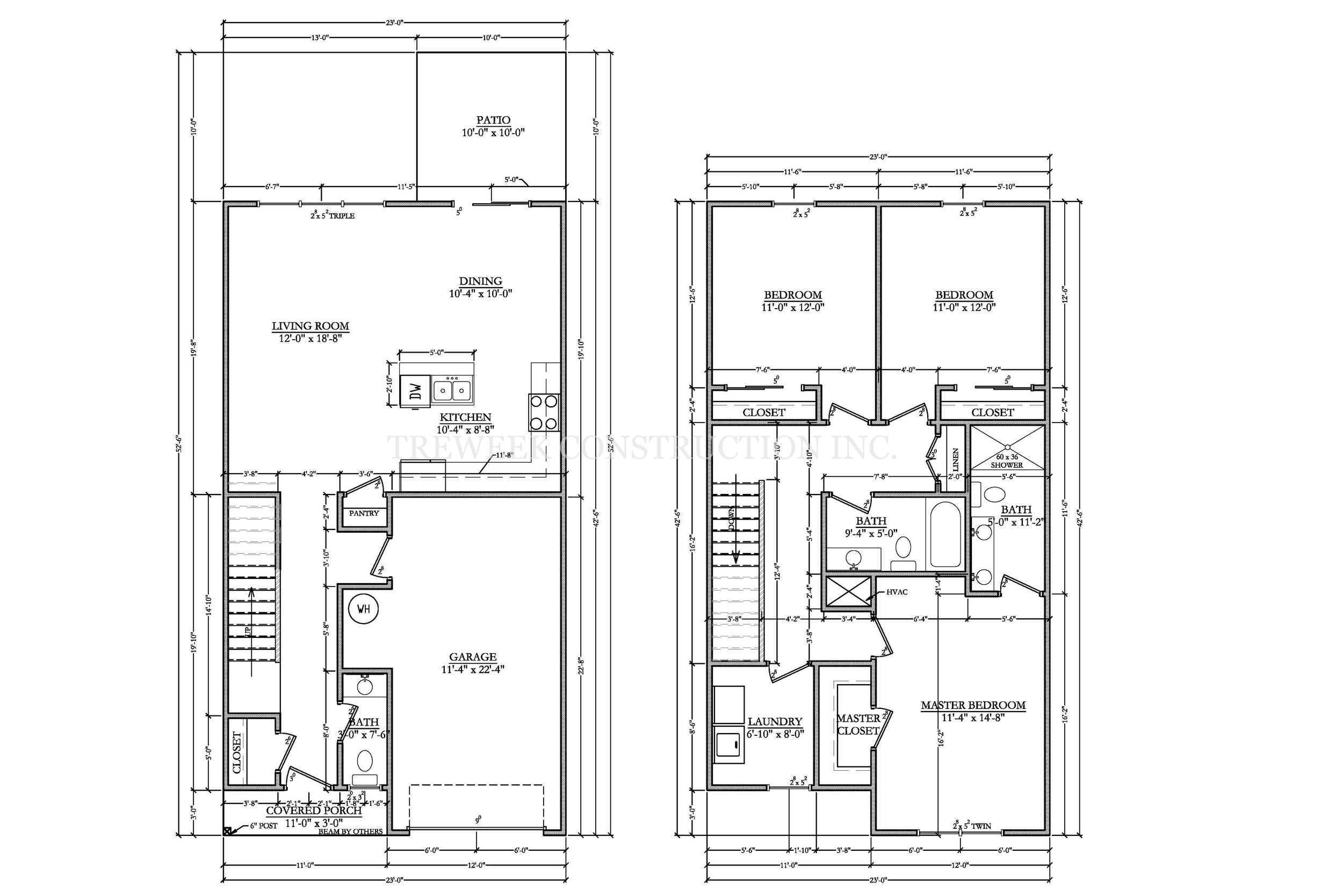 Architectural floor plan of a two-story house with detailed measurements, including labeled rooms such as living room, kitchen, bedrooms, bathrooms, closets, laundry room, garage, and patio.