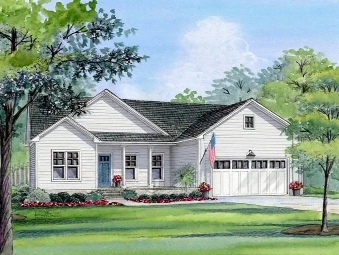 A watercolor painting of a white house with a blue front door and a two-car garage, surrounded by green trees and landscaped garden with colorful flowers.