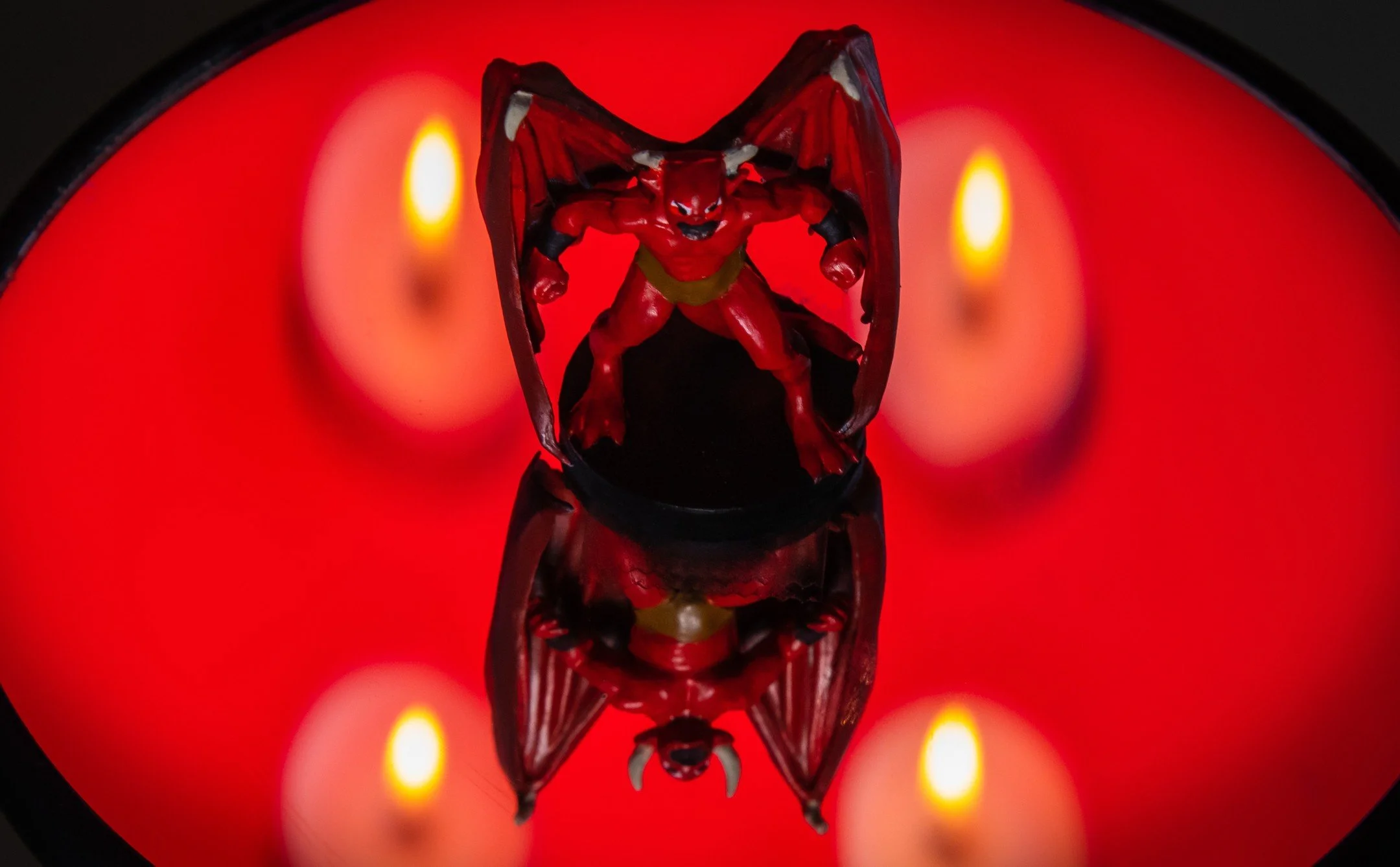Miniature #7: The Devil

I look in the mirror and what do I see? I see a devil leering back at me!
Rubicund complected. With a pair of goat horns. Fangs that gnash nefariously. Leather wings, which blot out the light of God, flap with a thunderous cr