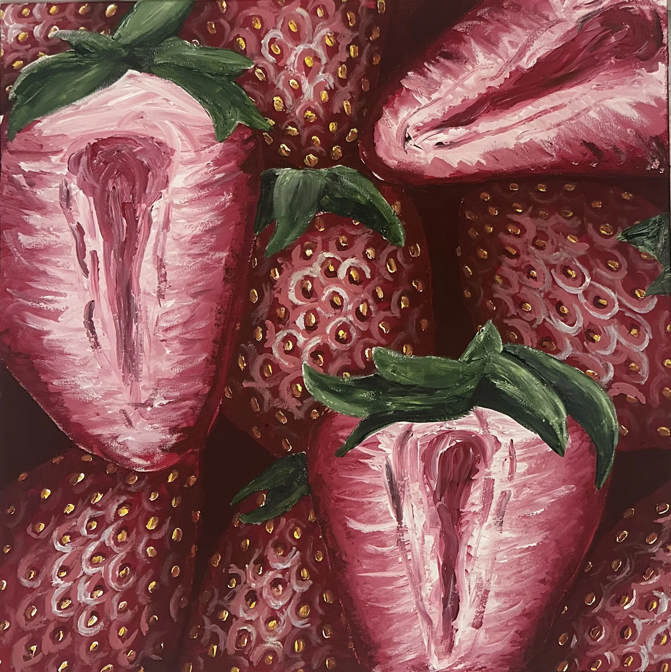 2026 Artist: Fiona Rusert  Artwork: Strawberries - this piece is a closeup of a pile of strawberries showing detail and color.