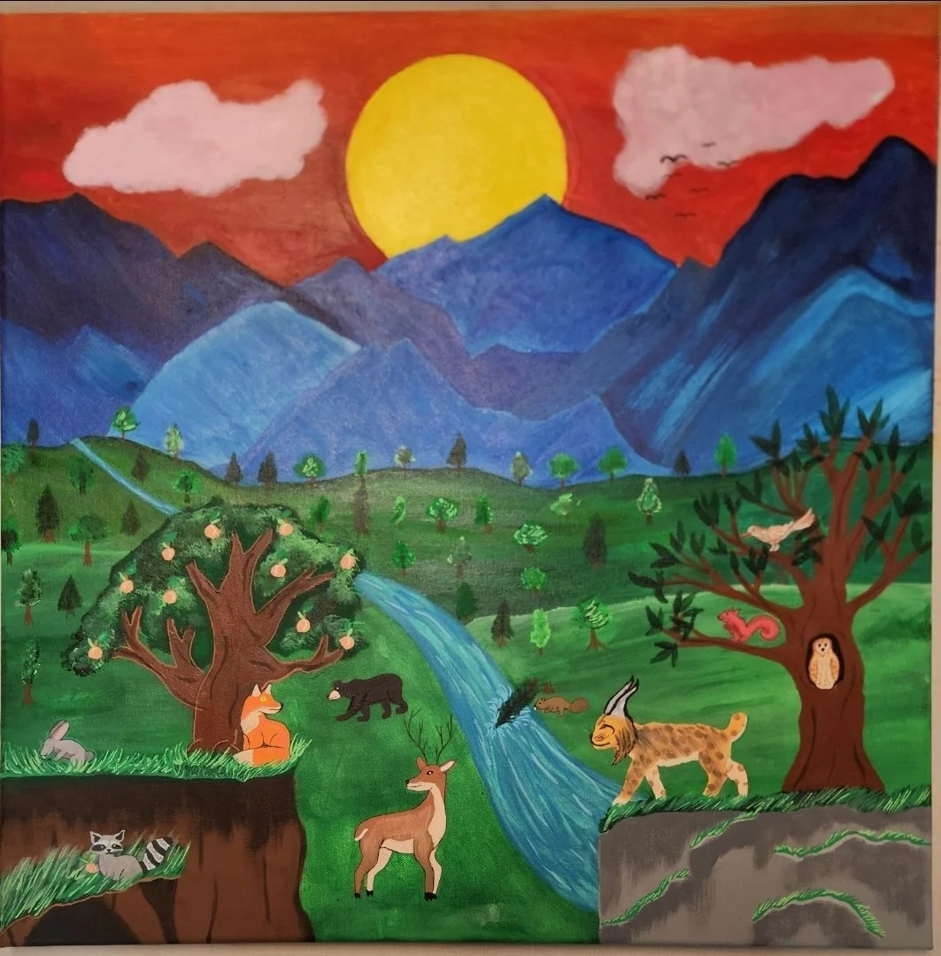 2026 Artist: Alexander Romero   Artwork: The Breathtaking Heart of Georgia  
Explanation: My piece captures the Blue Ridge mountains, a forest, and some of the many diverse wildlife during a sunrise in Georgia.