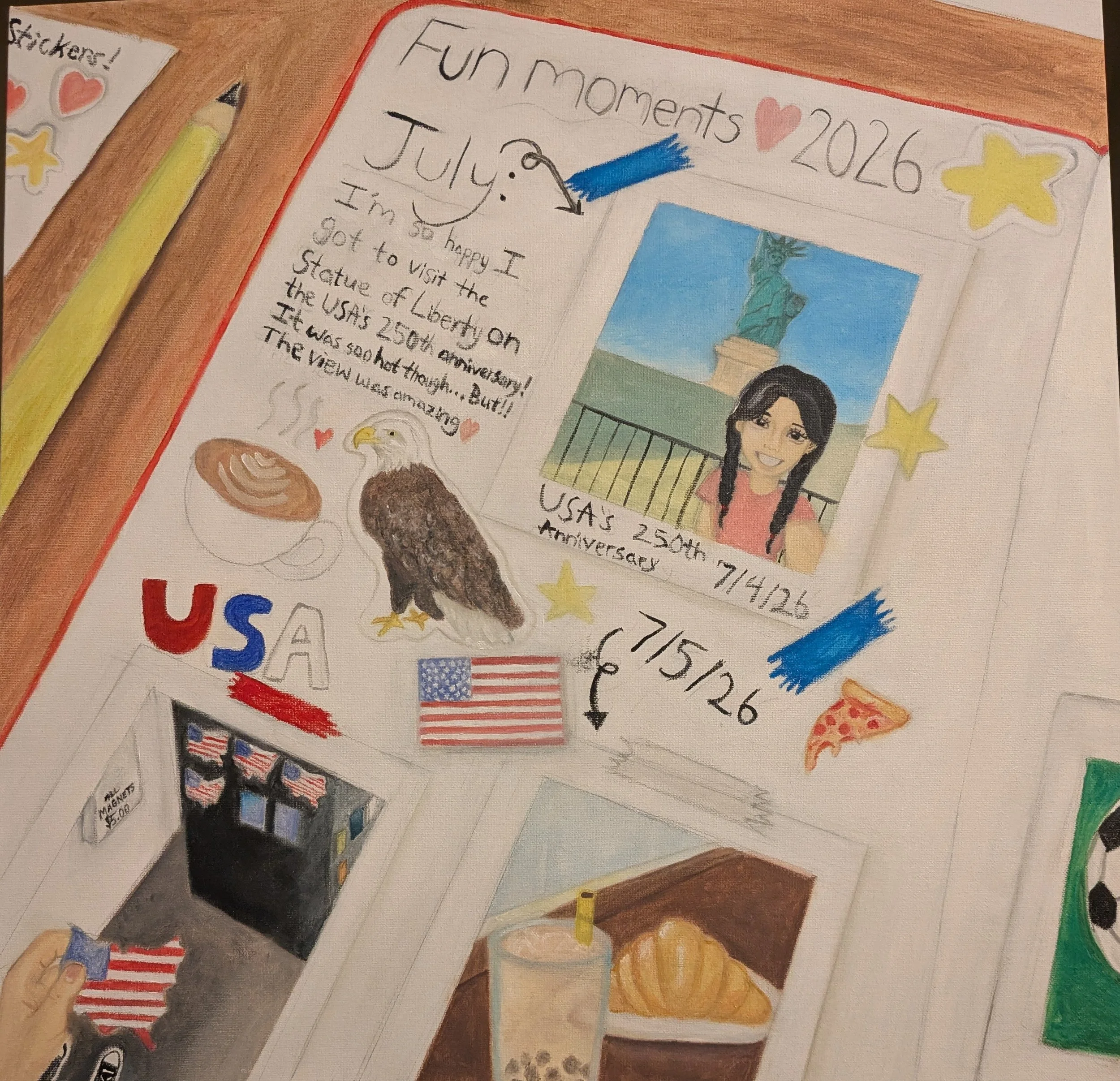 2026 Artist: Leah Yi   Artwork: Scrapbook Memory  
I reconstructed my memory from my summer of 2024 into this artwork. Having been to the New York City for the first time in my life, seeing so many beautiful architectures, including the Statue of Lib