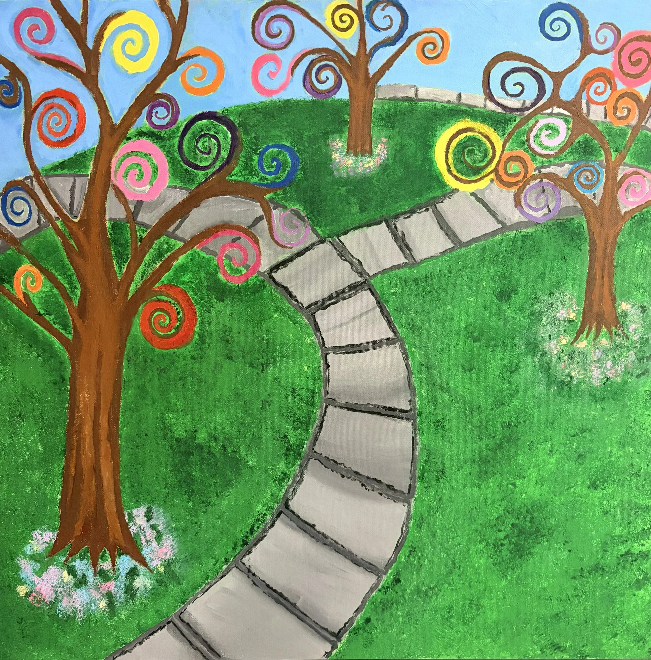 2026 Artist: Ella Breitkopf Name: Paisley Park  I call this art piece Paisley Park. Paisley park is a colorful painting of a park with a winding path and bright, creative trees. Instead of normal leaves, the trees are filled with swirling Paisley pat