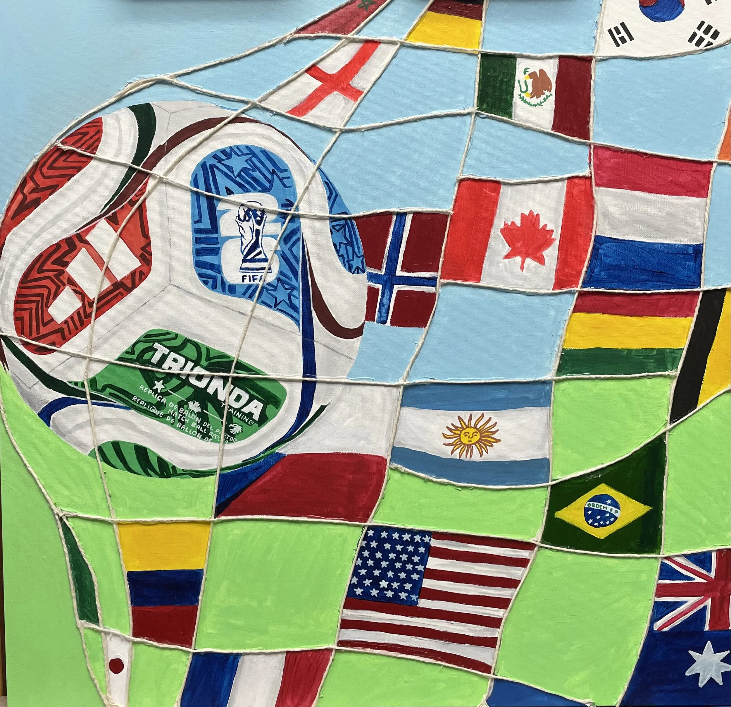 2026 Artist: Sofia Perez  Artwork: La Vida de Futbol This drawing represents the many unique countries participating in the soccer games this summer. In my artwork, the soccer ball is shown being kicked into the net to capture the excitement and acti