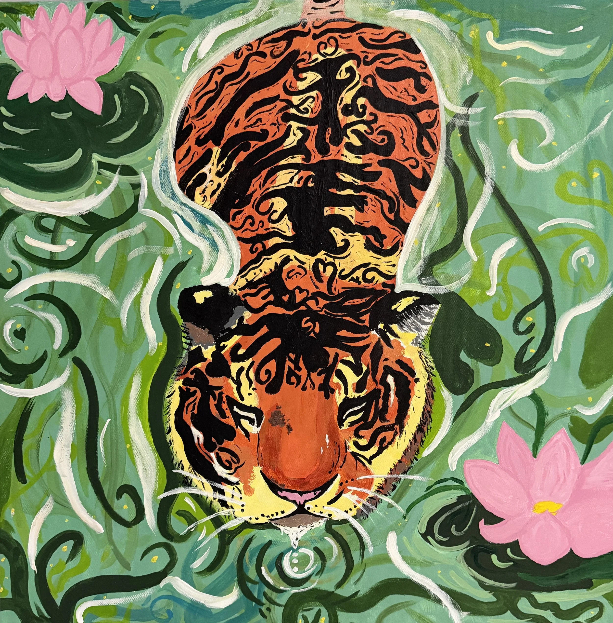 2026 Artist: Mariafernanda Roblero  Artwork: Power Beneath the Surface 
This painting shows a tiger drinking water in nature. I chose this tiger because it represents strength, calm and power. The water reflects peace, while the tiger shows the wild 