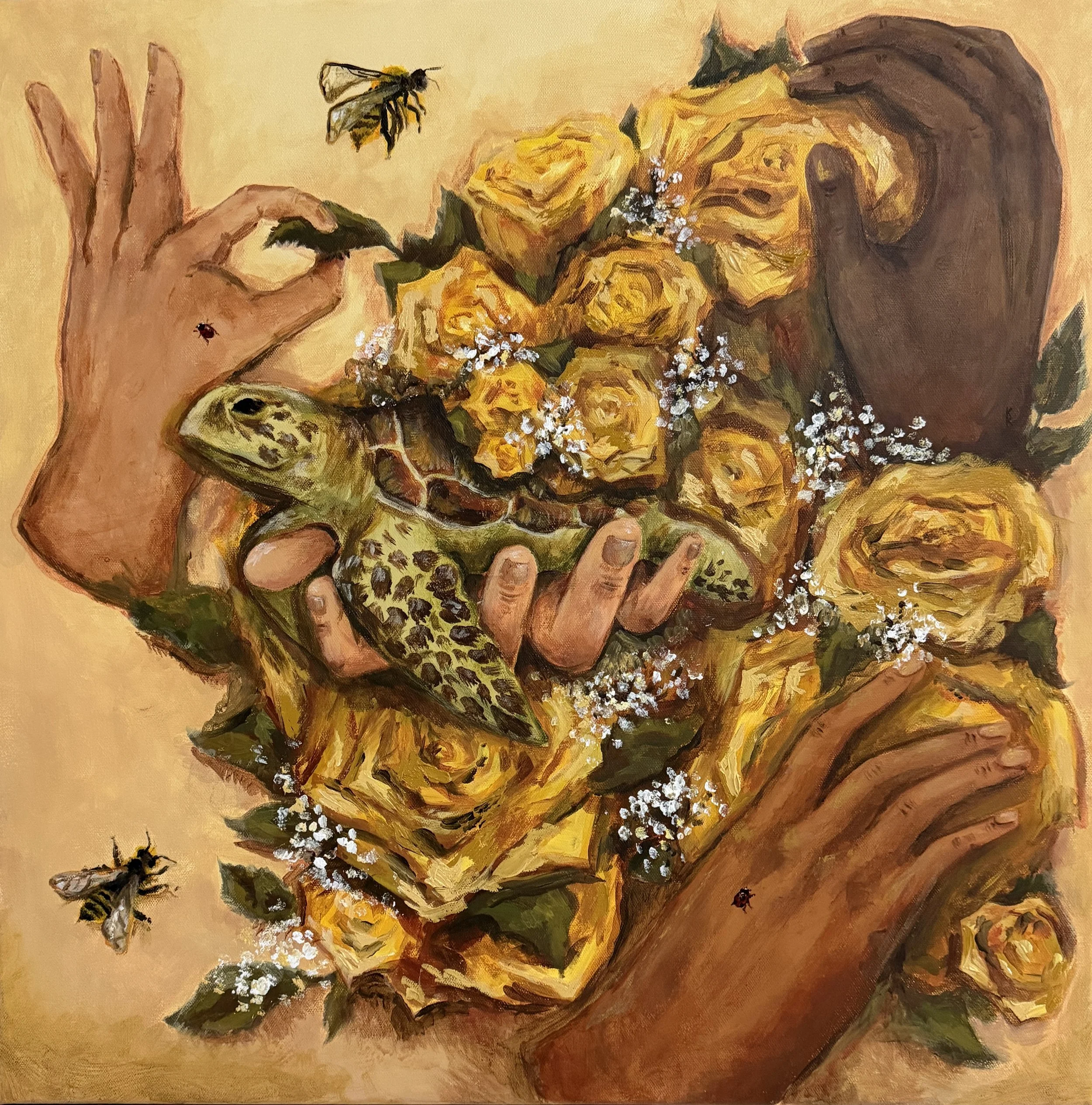 2026 Artist: Kseniia Kutsenko  Artwork: Name of the artwork is “Fragile Harmony”. The artwork shows the connection between humans and nature. Hands represent people, and flowers, turtle, and insects represent animals. The artwork shows that nature is