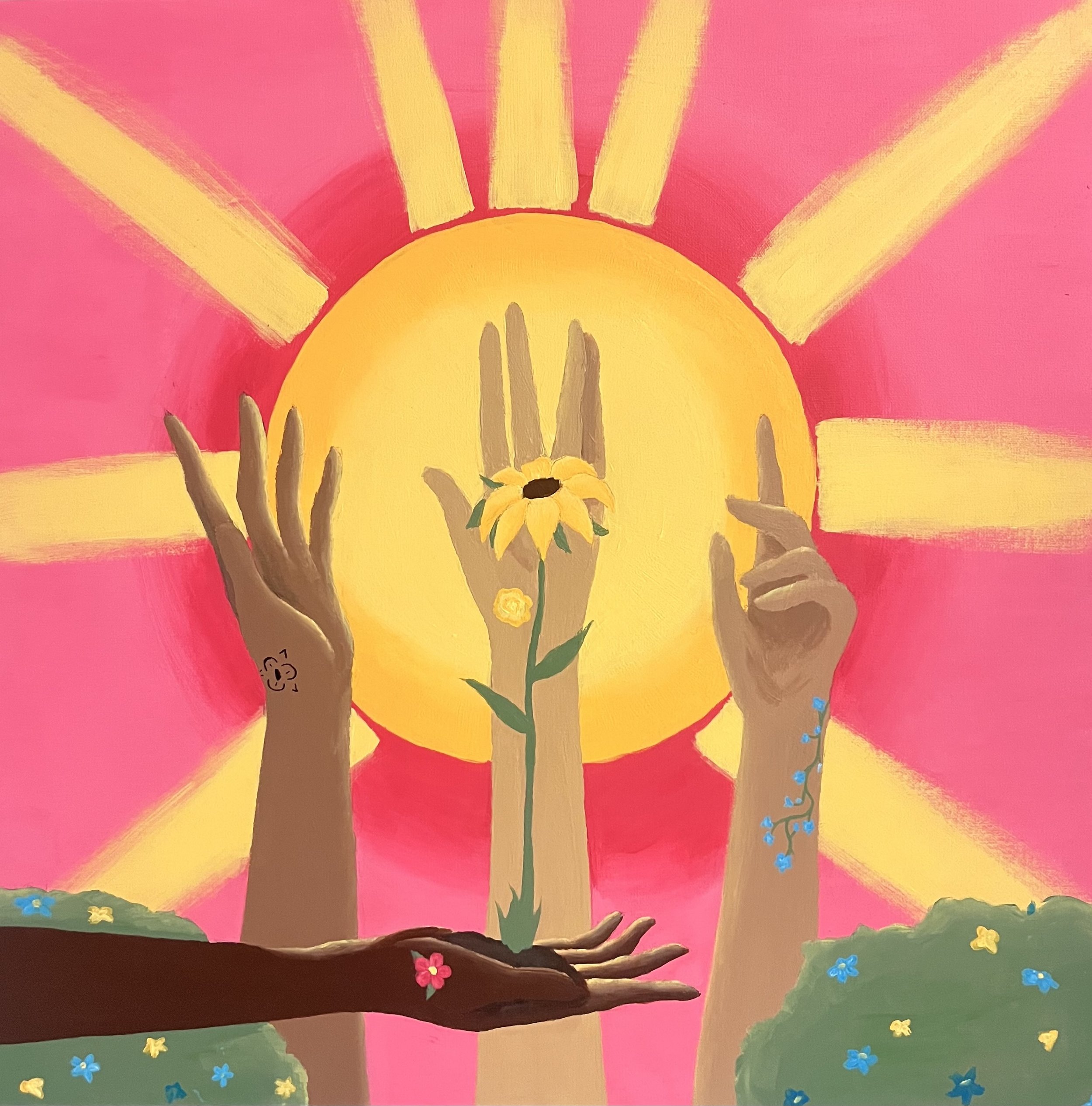 2026 Artist: Hadley Fortune  Artwork: Grow Together- All flowers have meaning, but sunflowers symbolize loyalty and adoration. In this piece, it represents sisterhood, lifting other women and respecting one another, no matter ethnicity, race, religio