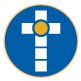 Blue circular logo with white cross and yellow circle