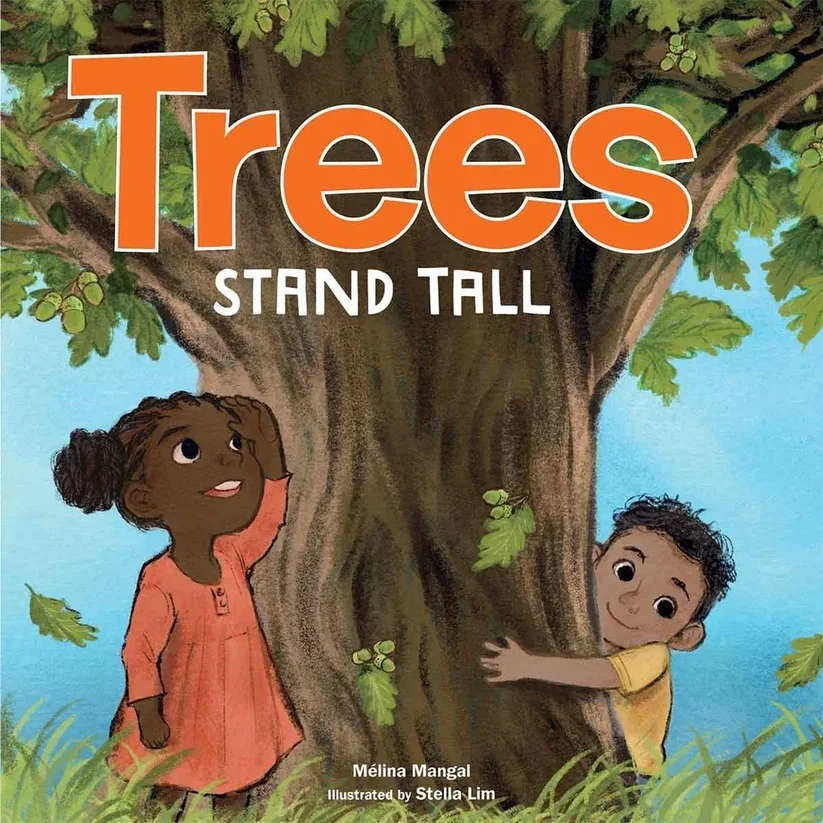 Cover of Trees Stand Tall showing two young Black children, one girl and one boy, playing beneath a large tree.