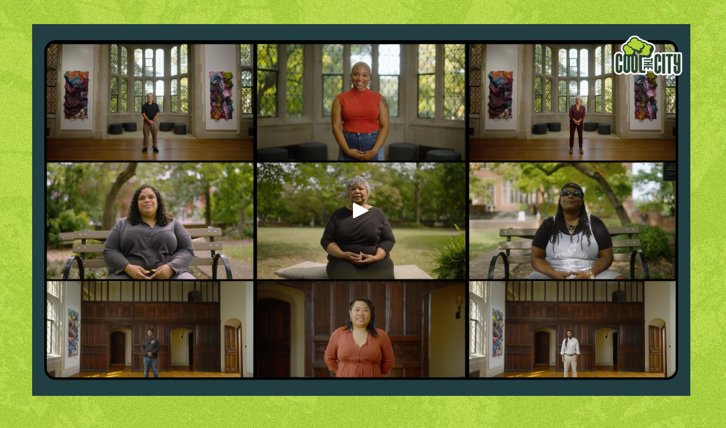 Cover for Cool the City campaign video featuring grid of 9 community members featured in the video.