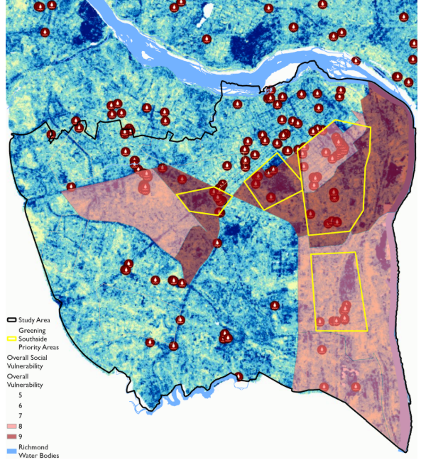 The areas of this map outlined in yellow represent neighborhoods where these vulnerabilities overlap and where urban greening efforts may have the greatest impact.