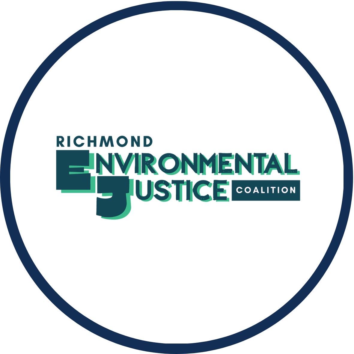Richmond Environmental Justice logo in a circle with a white background and dark blue border
