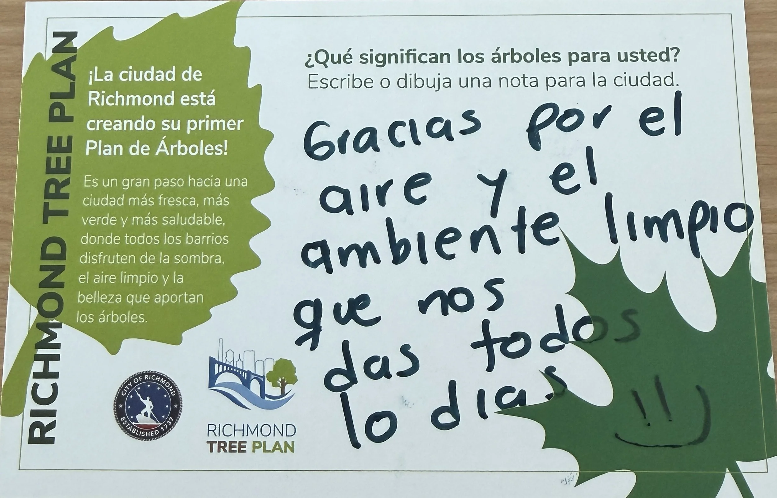 Richmond Tree Plan postcard that says, “Gracias por el aire y el ambiente limpio que nos das todos lo días” Thank you for the air and clean environment you give us every day.