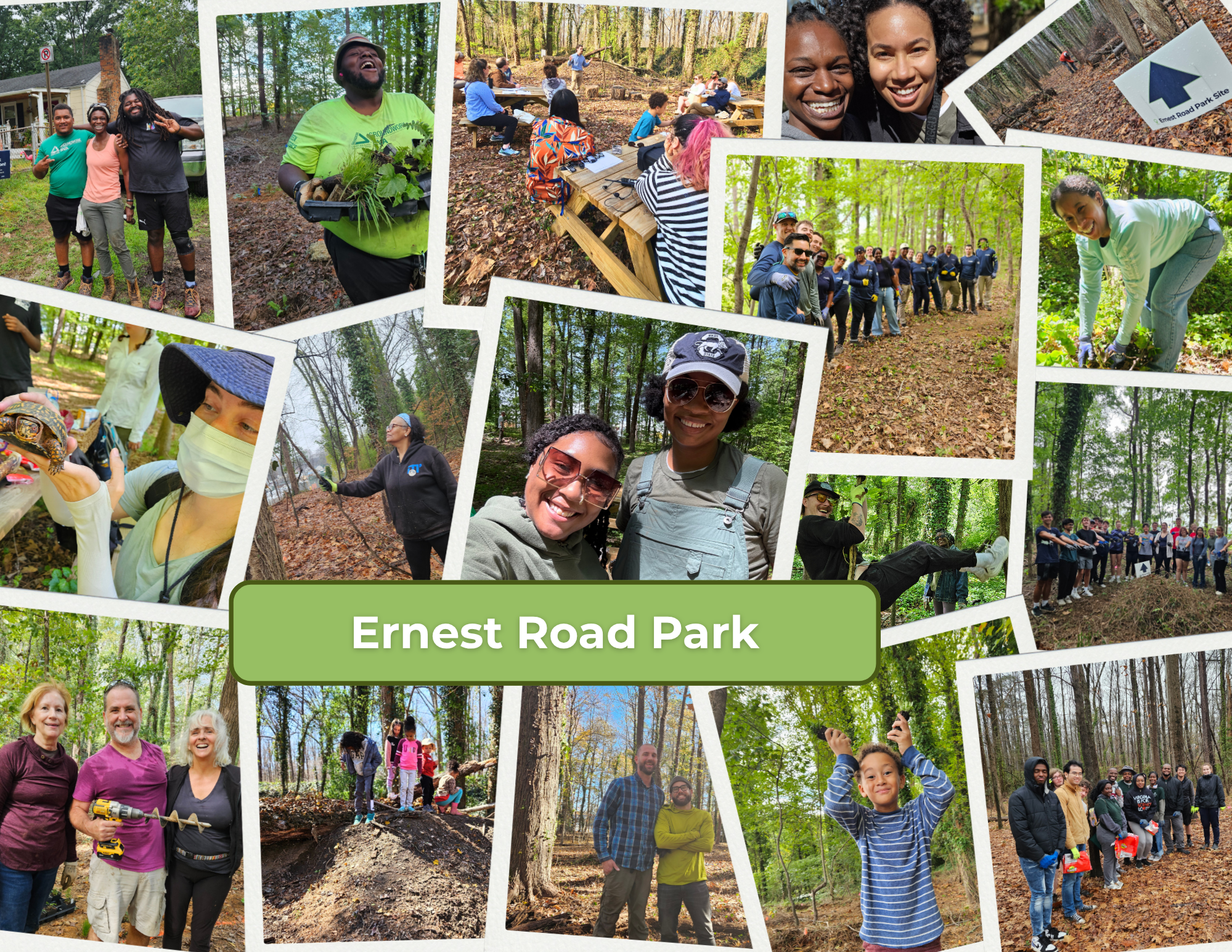 Collage of photos from Ernest Road Park events and volunteer workdays since 2024