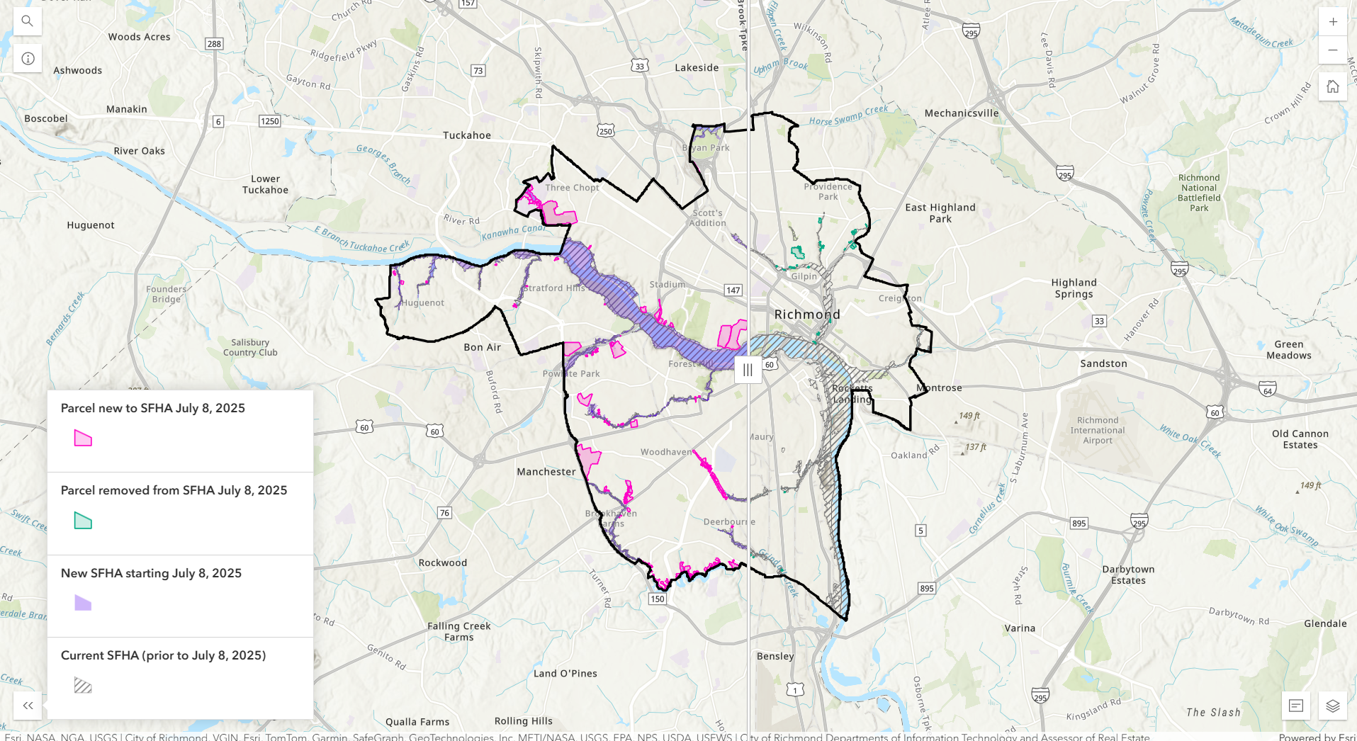 Screenshot of the Esri interactive map showing flood risk areas in Richmond as determined by FEMA