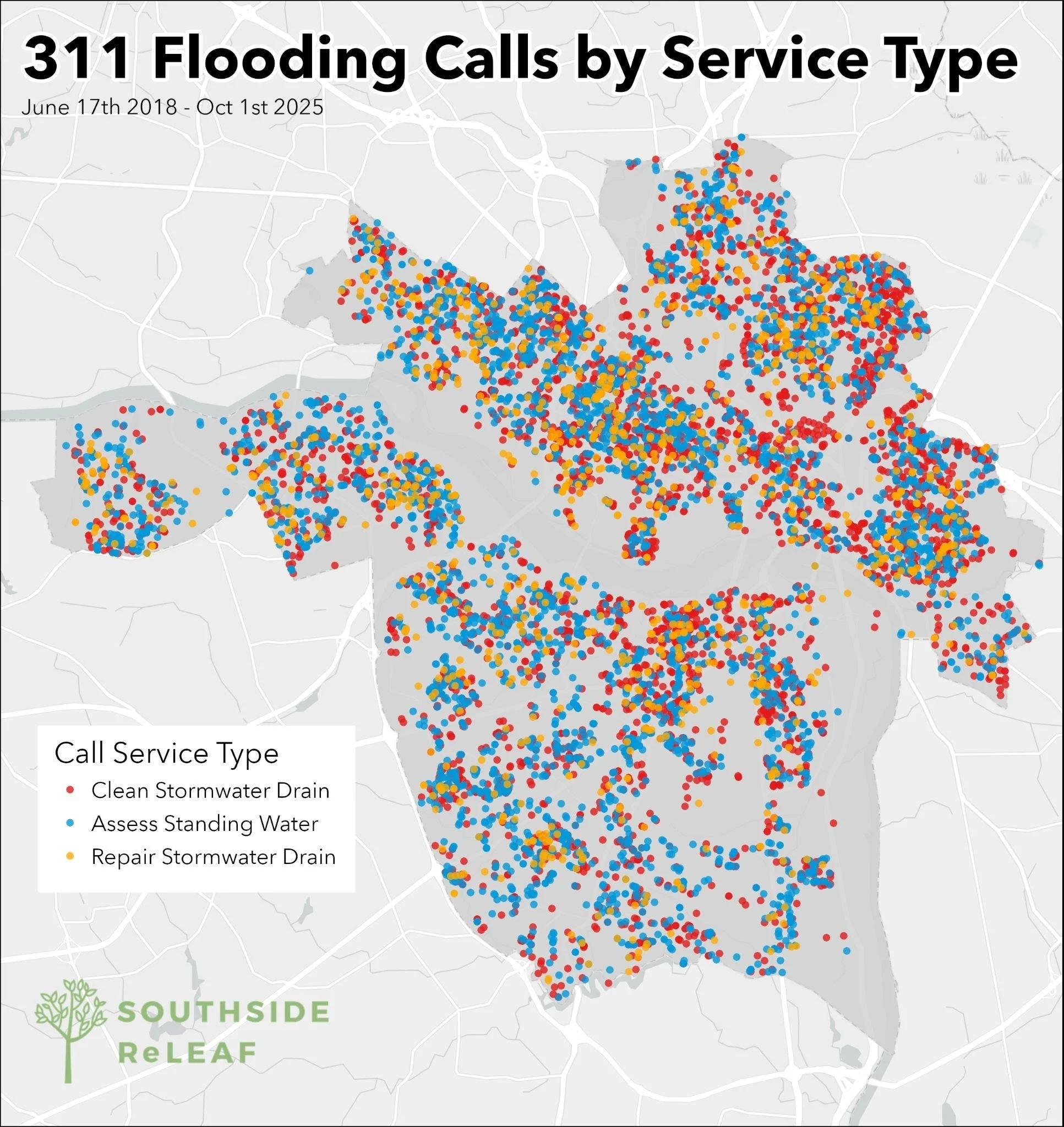 Figure 1. 311 flooding calls by service types (clean storm drains, assess standing water, and repair stormwater drains) in Richmond, Virginia.