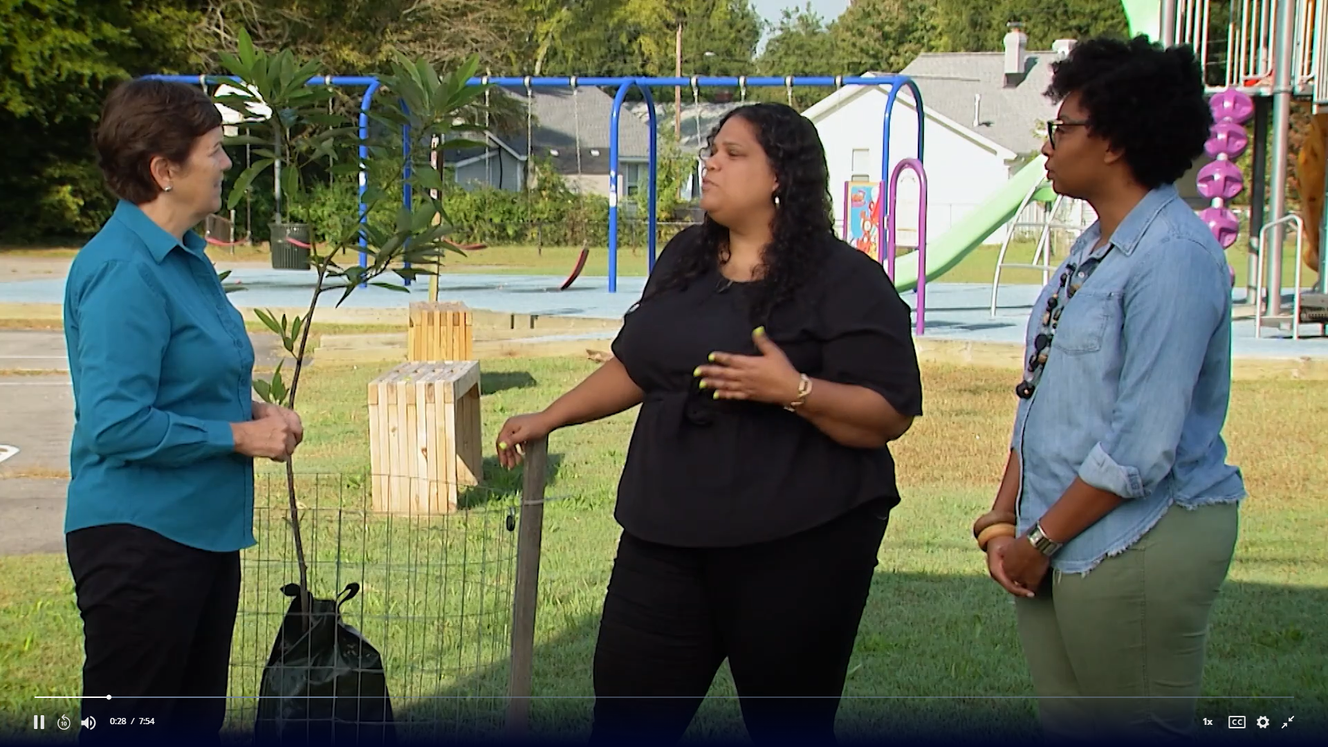 Amy and Sheri of Southside ReLeaf talk with Peggy Singleman at Swansboro Playground during the segment.