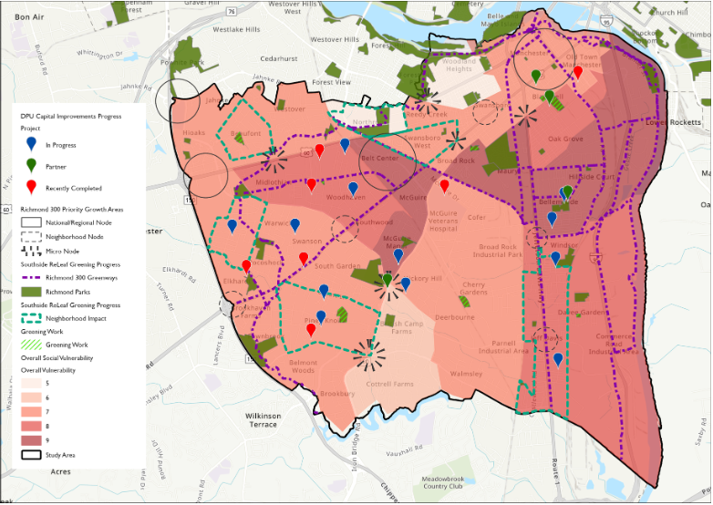 This map compares social vulnerability with current city projects, parks, and greening initiatives across Southside Richmond using data from RVAgreen 2025, the Office of Sustainability, Southside ReLeaf, and RVAH2O.
