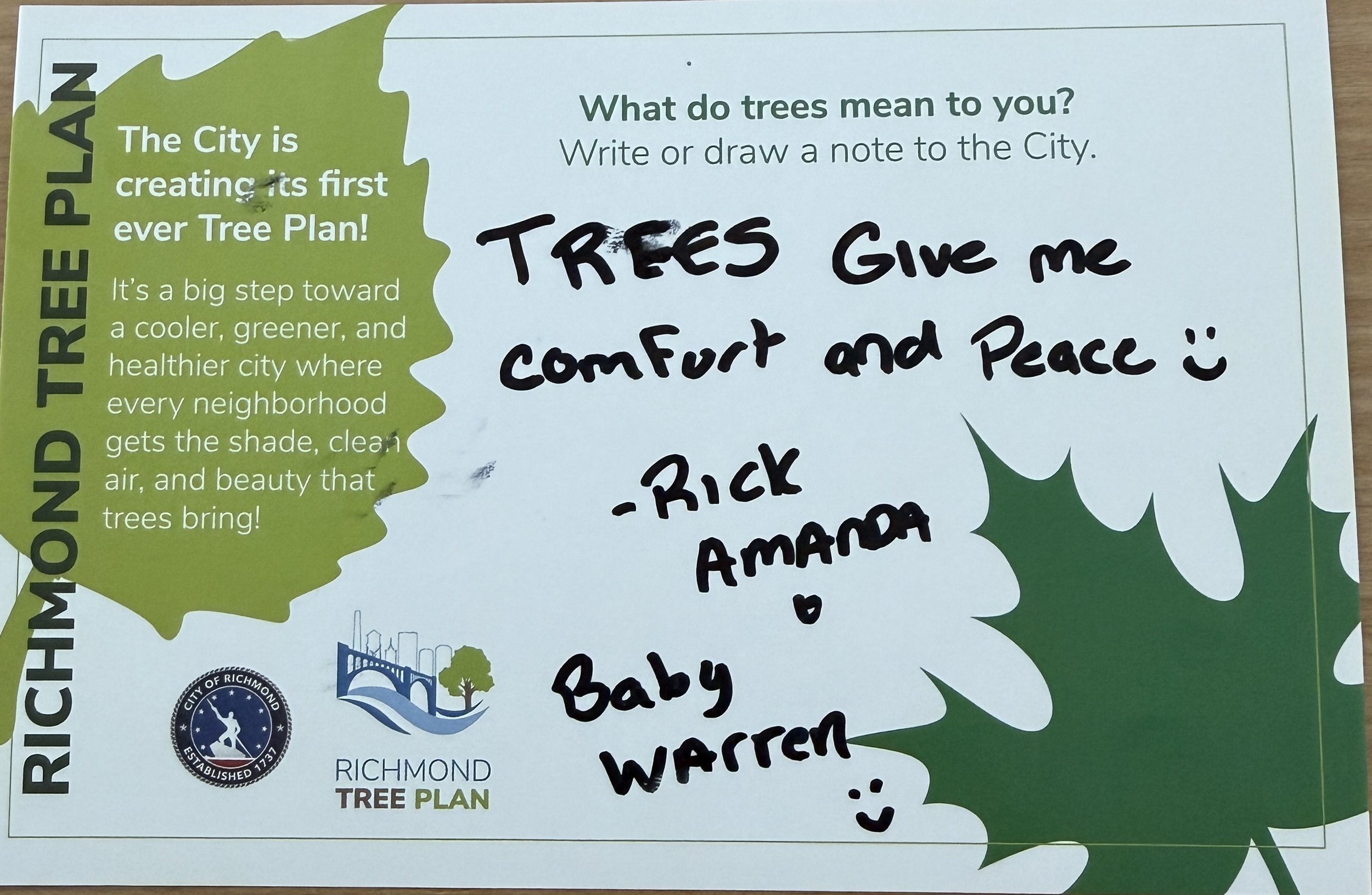 Richmond Tree Plan postcard that says, “Trees give me comfort and peace :)” — Rick, Amanda + Baby Warren 