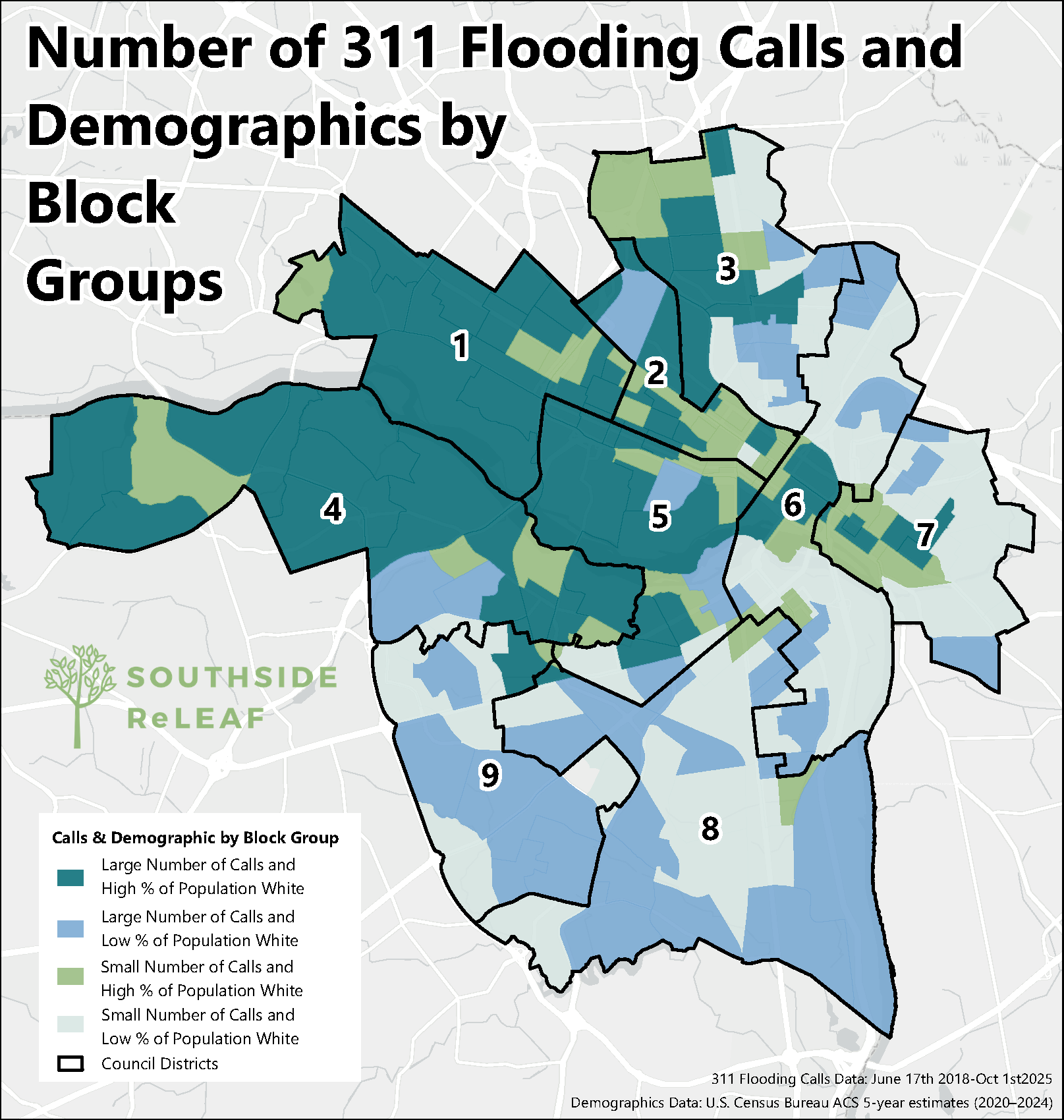 Figure 5. Number of 311 flooding reports compared to percent of population that are white by block groups (smaller geographic areas used by the U.S. Census) in Richmond, Virginia.