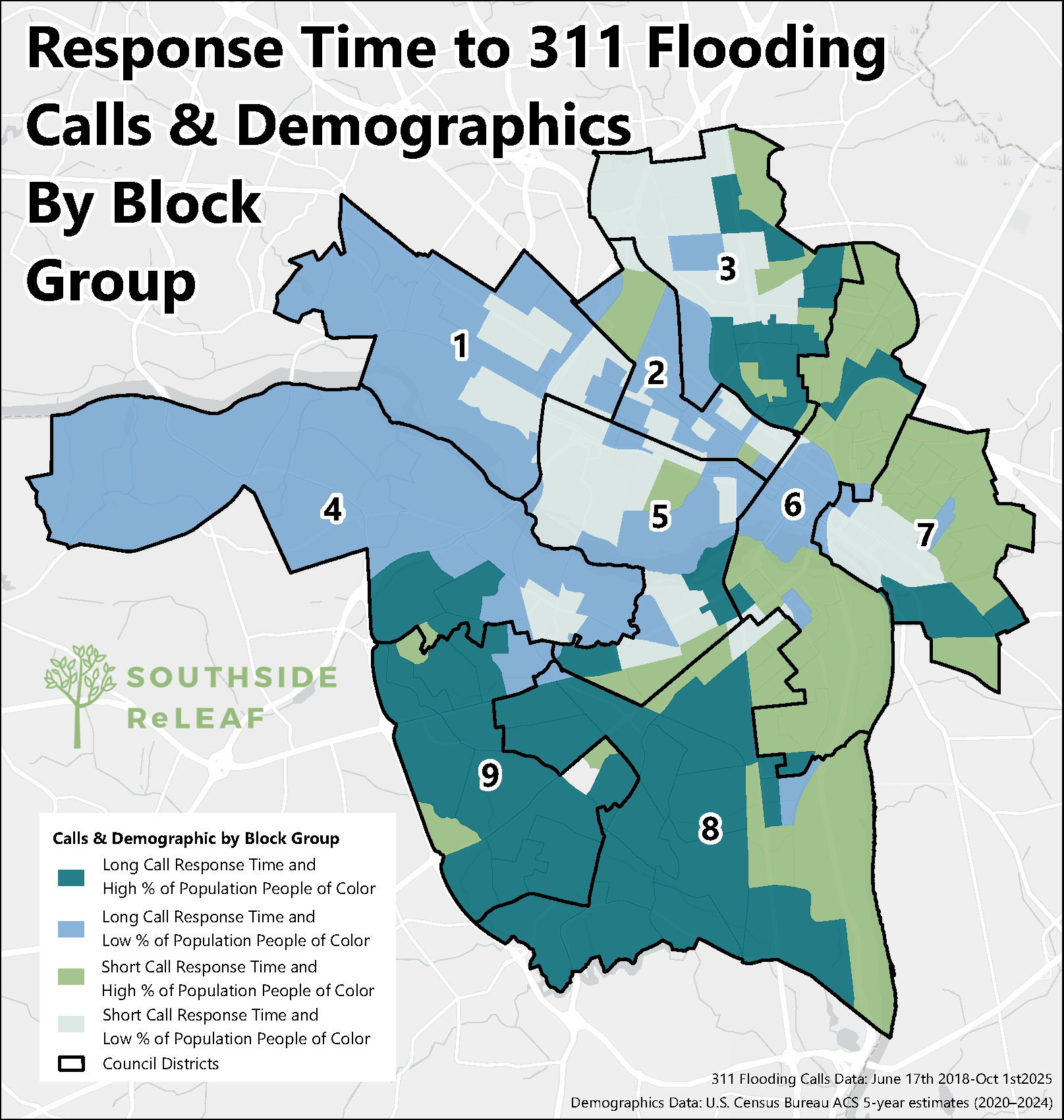 Figure 6. Average response time to 311 flooding reports compared to percent of population that are people of color by block groups in Richmond, Virginia.
