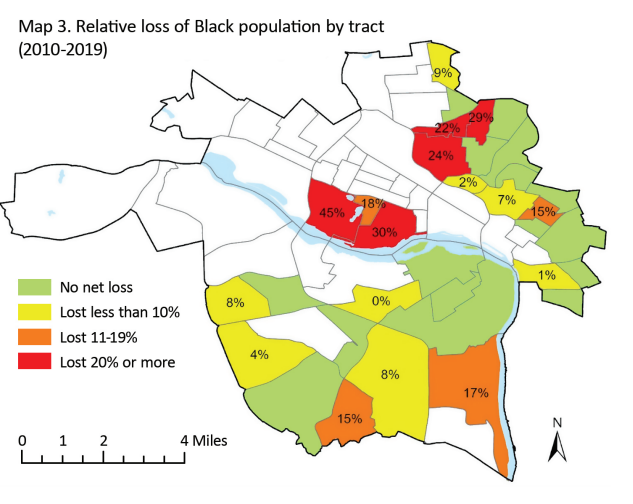 This map shows the relative loss of the Black population in Richmond by census tract between 2010 and 2019. One area, covering Maymont, Byrd Park, and Carillon, lost 45% of its Black population.