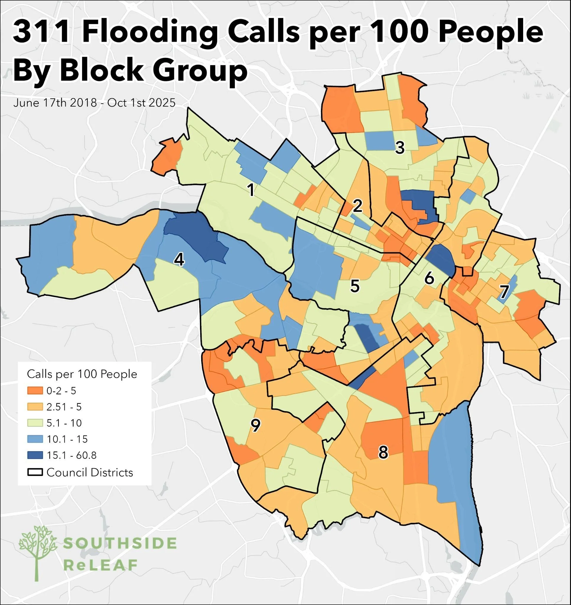 Figure 2. 311 flooding calls per 100 people by block groups (smaller geographic areas used by the U.S. Census) in Richmond, Virginia.