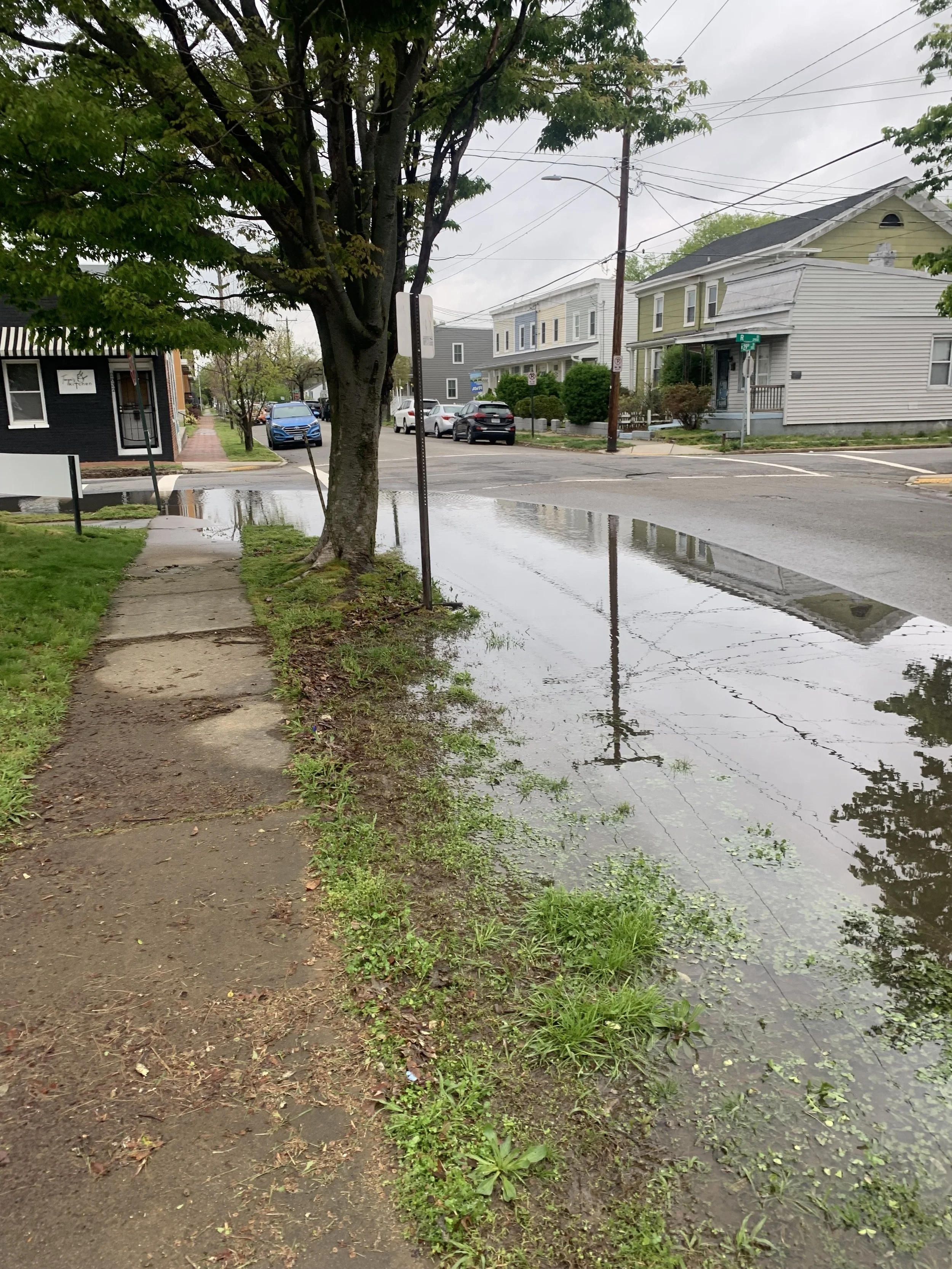 Flood water pools around the side of a street, blocking part of a traffic lane and pushing mud onto the sidewalk