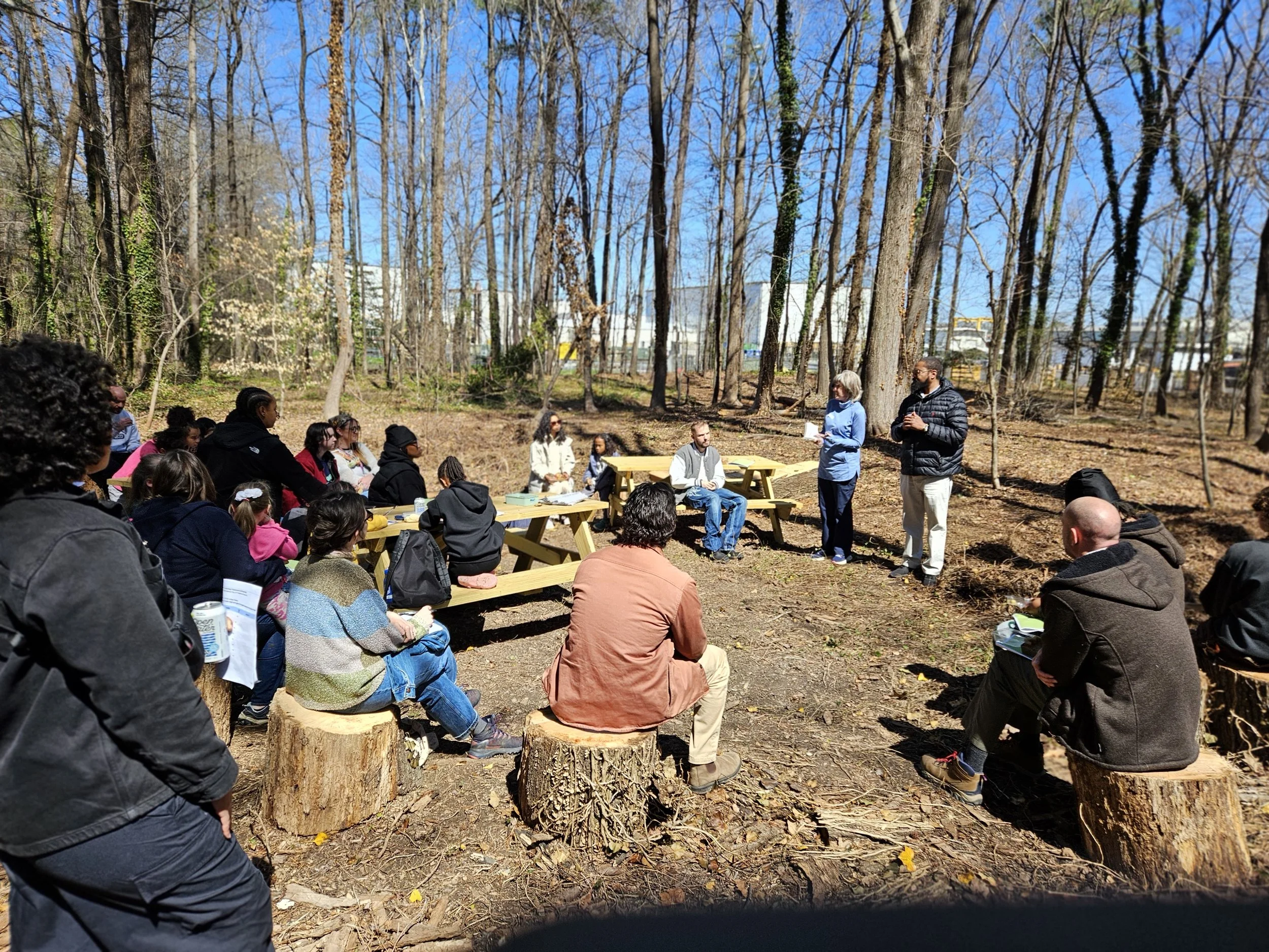 Photo of attendees at the International Day of Forests Outdoor Learning Classroom at Ernest Road Park in 2025.