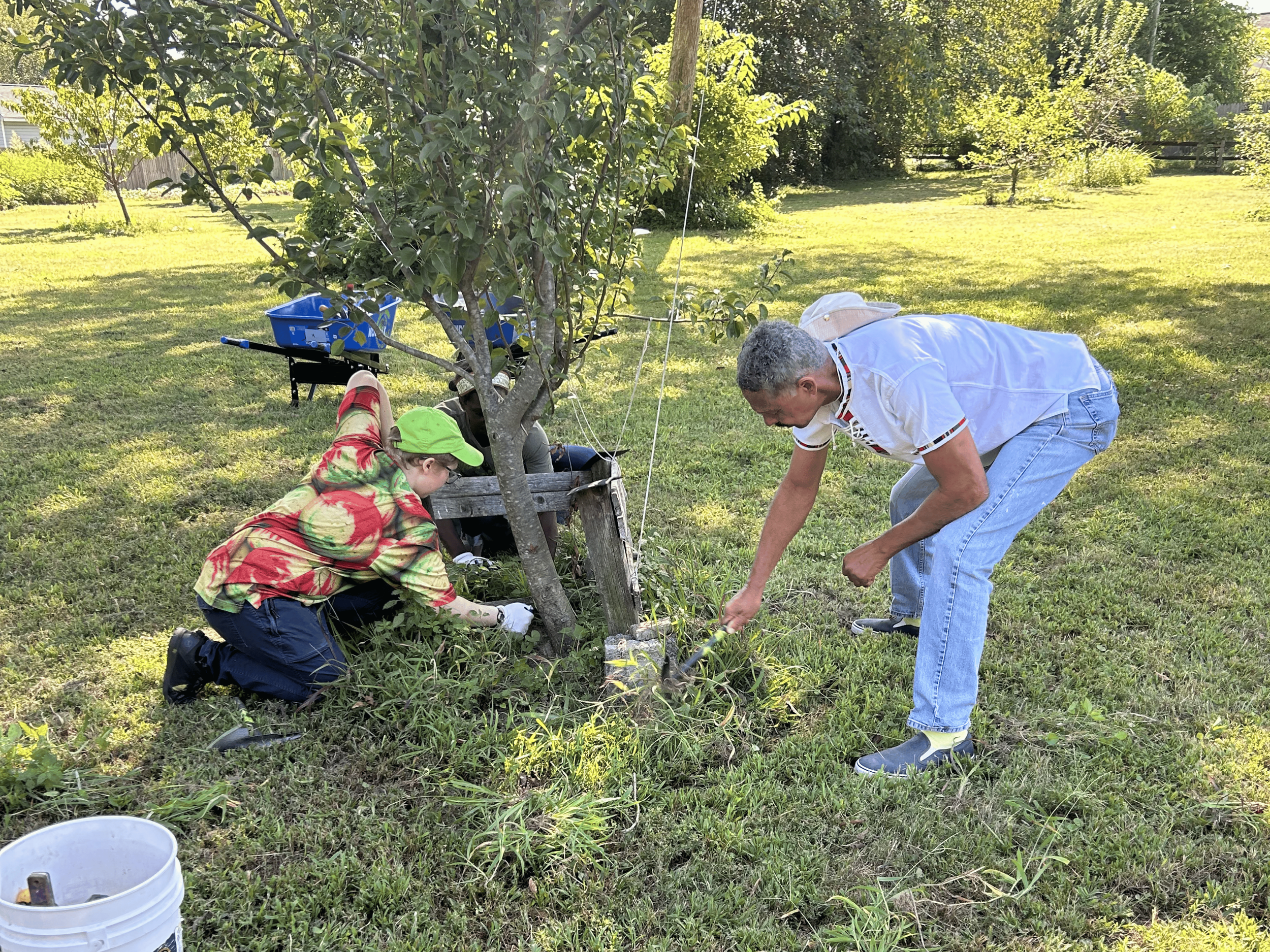 TAP trainees tend to a young tree at Fonticello Food Forest during the hands-on portion of training.