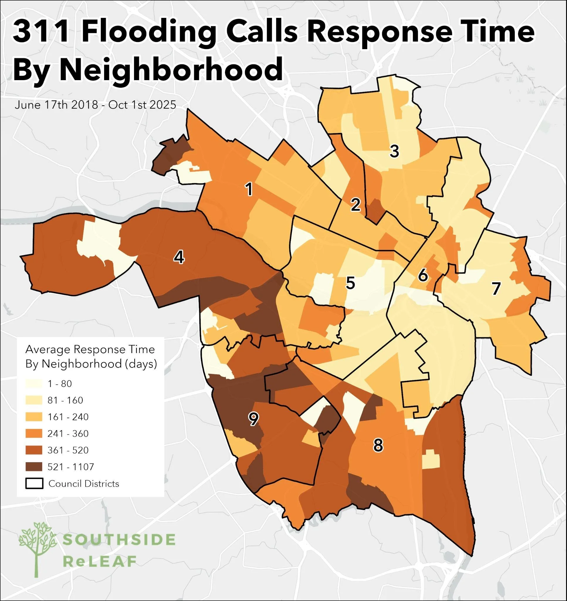 Figure 4. Average response time (length of time in days from when request was opened to closed) by the city to 311 flooding calls by neighborhood in Richmond, Virginia.