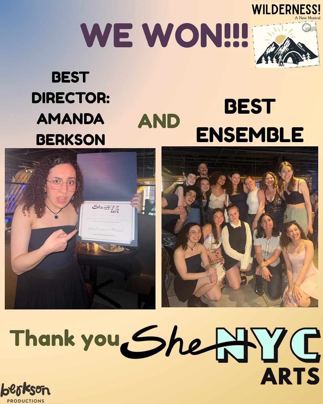 Best Director: Amanda Berkson
We are so proud of our incredible Director Amanda Berkson! She created the wilderness on a thrust stage with stools, ladders and imagination. Not only is she brilliant and creative, she leads the room with kindness and m