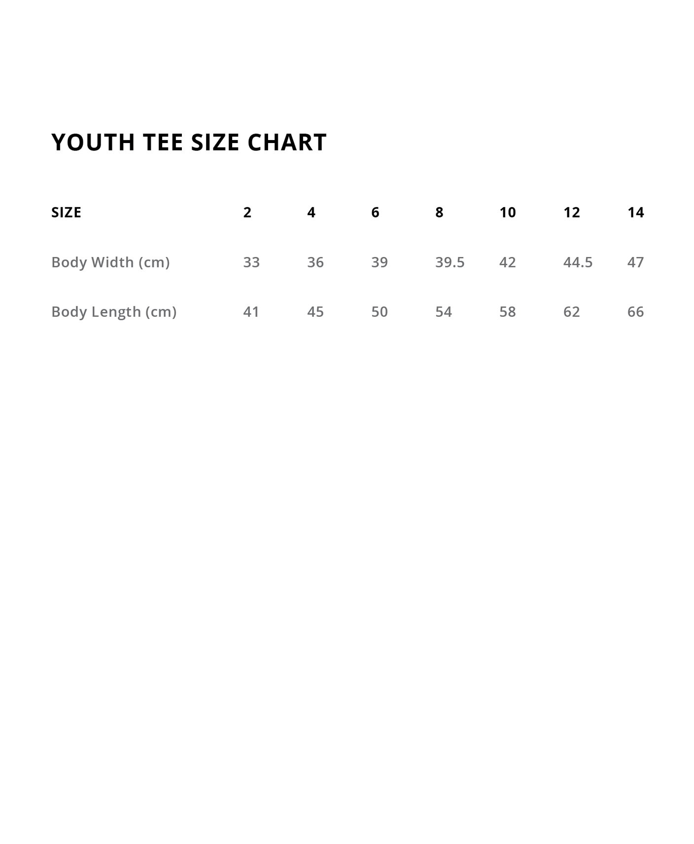 Youth tee size chart