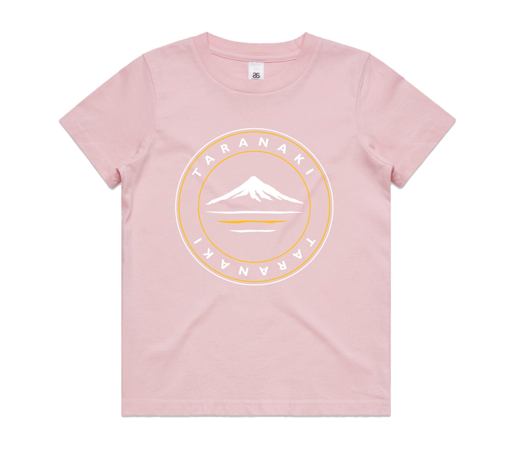 Pink youth tee with Taranaki Mountain logo on front centre chest