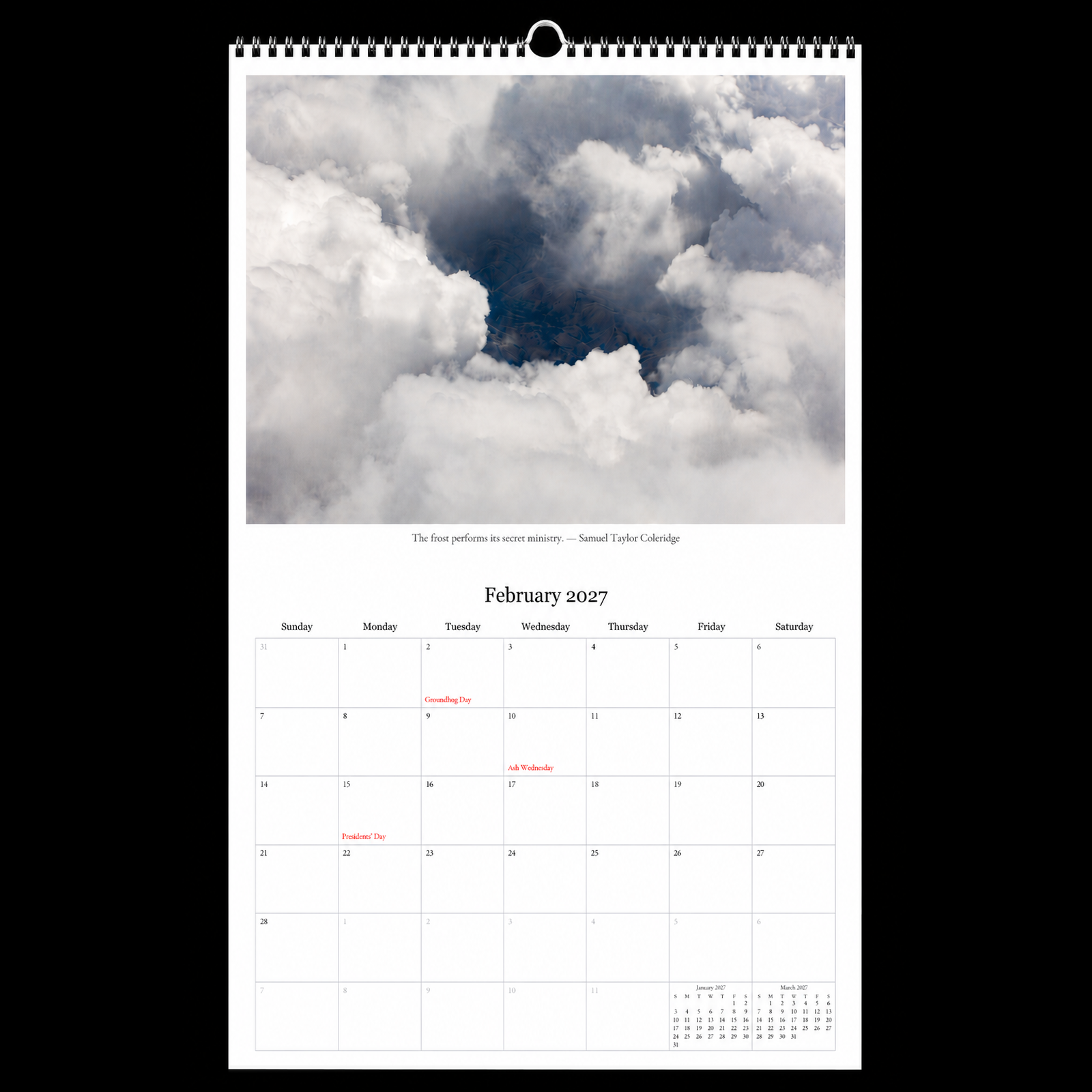February page mockup from the 2027 Cloud Calendar
