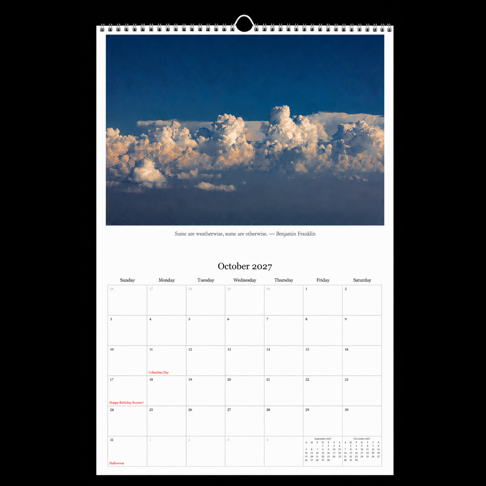 October page mockup from the 2027 Cloud Calendar