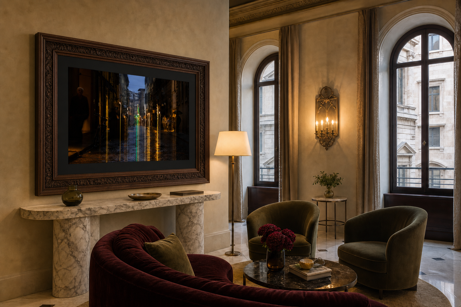 Florentine Nocturne displayed in an ornate wood frame with a black mat inside a luxury Florentine interior