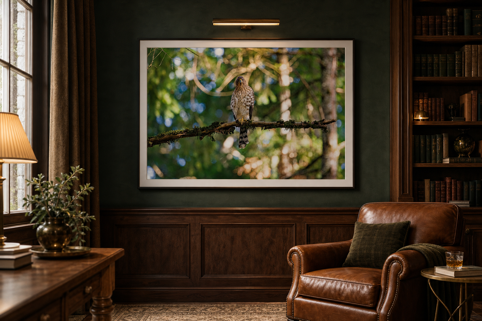 The Watcher displayed in a light frame inside a dark green private library