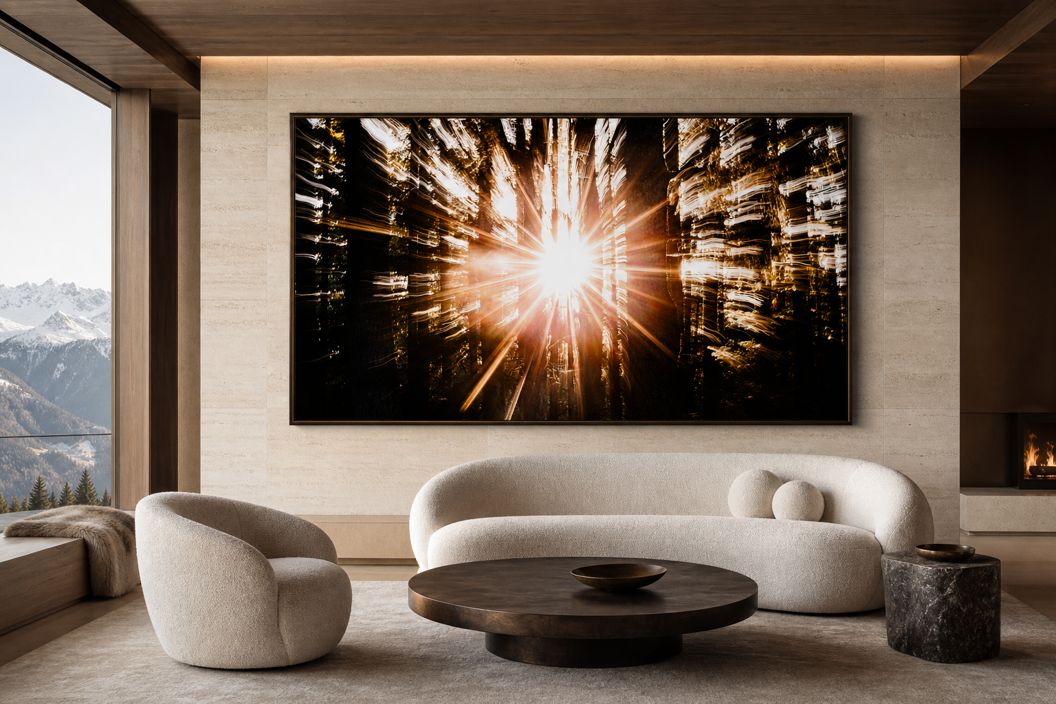 Beyond displayed as a large panoramic print in a contemporary alpine lounge