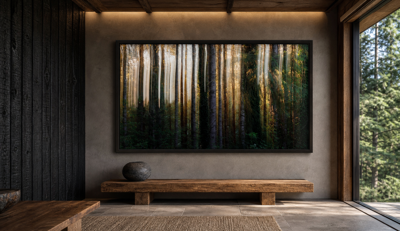 Where the Light Falls displayed in a wide frame inside a Japanese-modern forest lodge