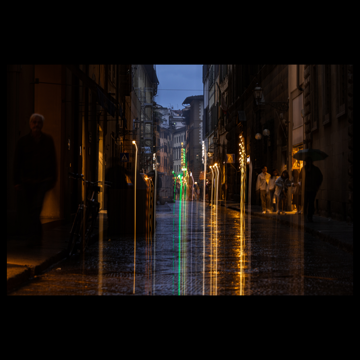 Florentine Nocturne long-exposure Florence street photograph presented in full against a black background