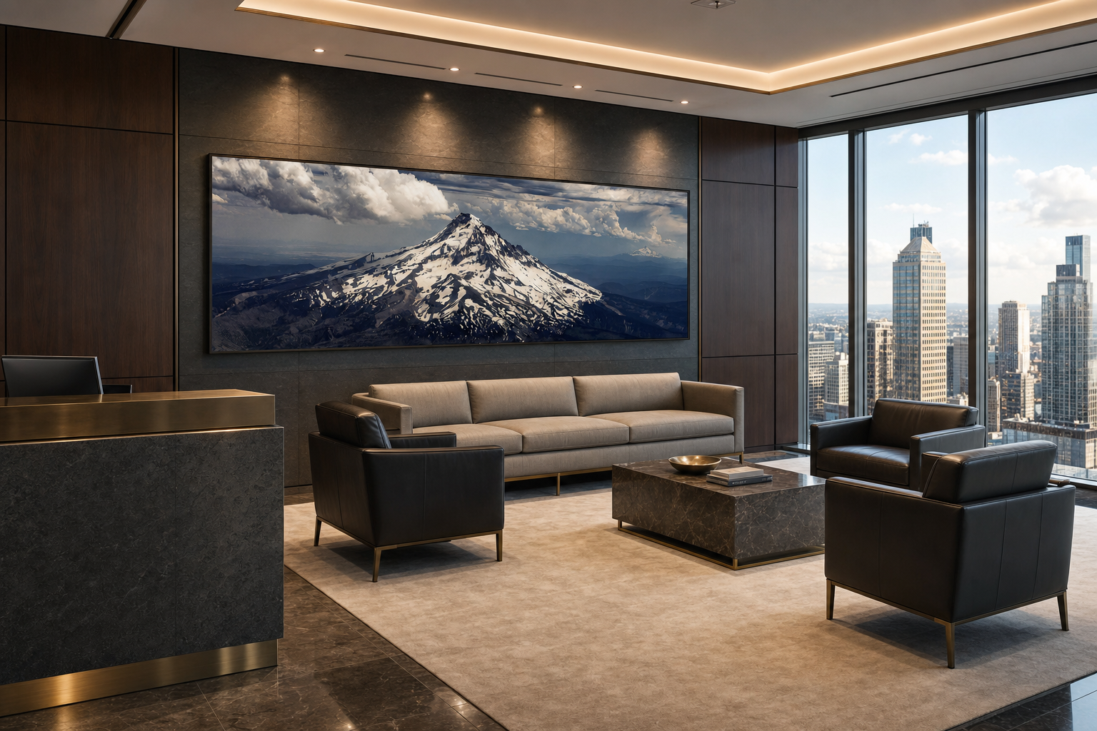 Catherdrals of the Cascades displayed as a large panoramic print in a high-rise law office reception area