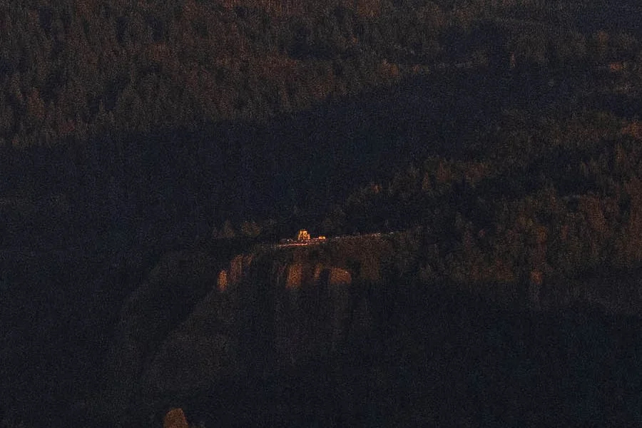 Close detail of illuminated Vista House on Crown Point above the Columbia River Gorge