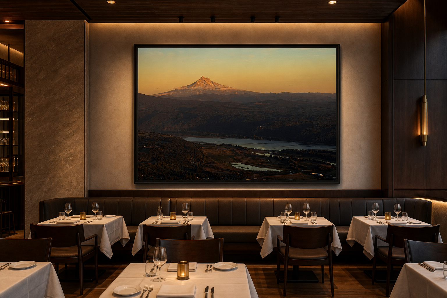 Promised Land displayed as a large framed print in an empty fine dining restaurant